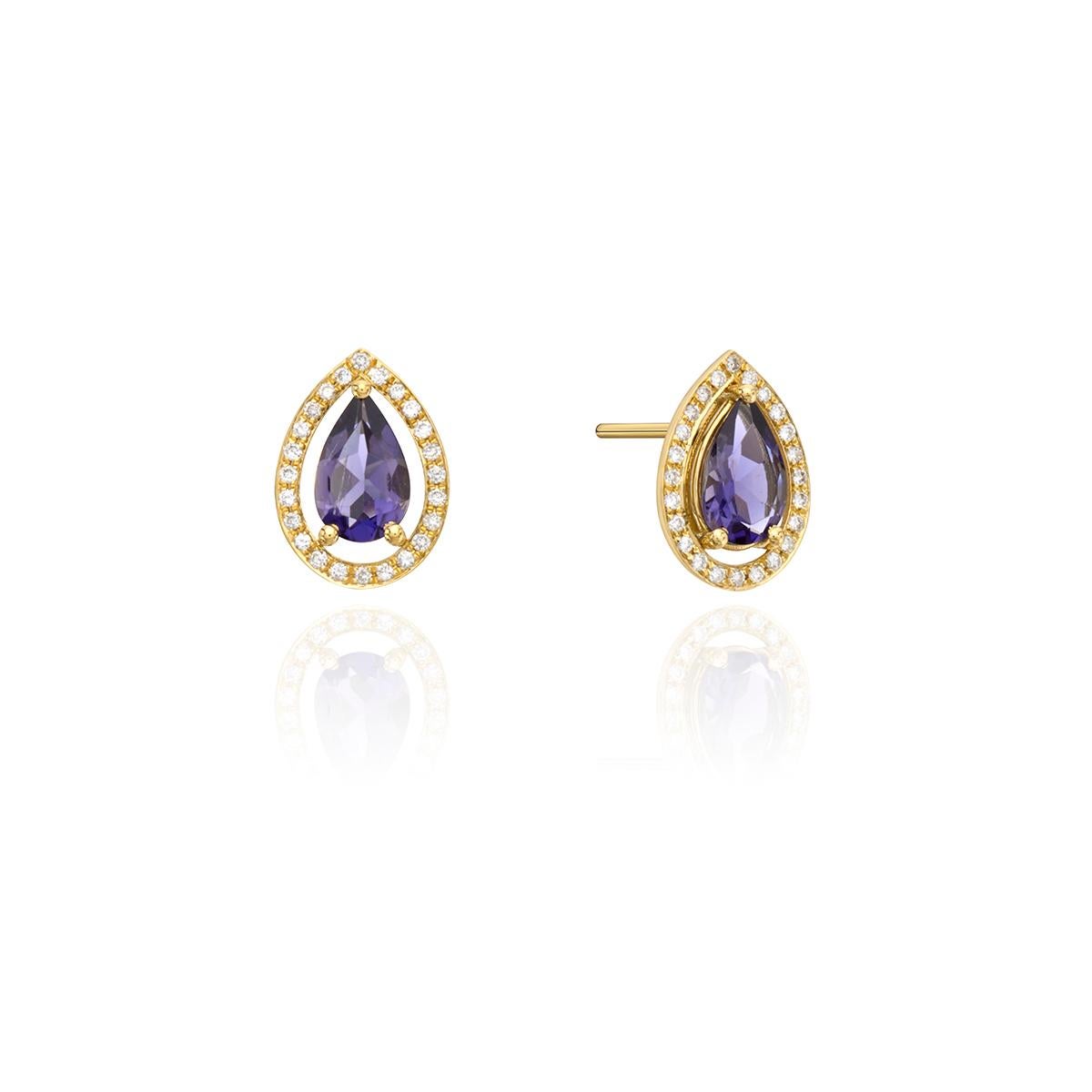 Modern Stud Pave Setting Diamonds Earrings 18kt Yellow Gold with Very Peri Pear Iolite For Sale
