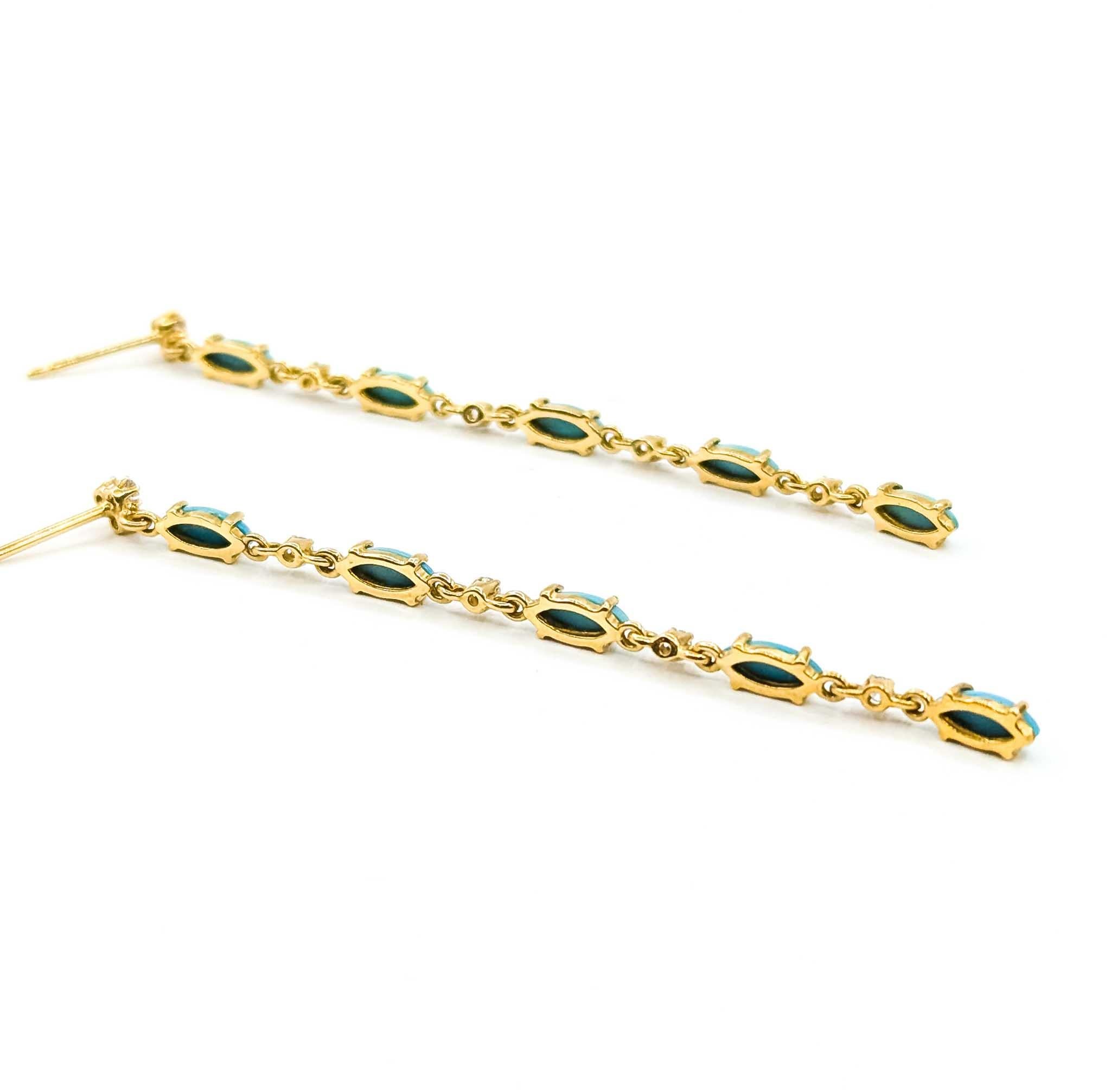 Orecchini pendenti con turchese e diamanti in oro giallo 14k in vendita 4