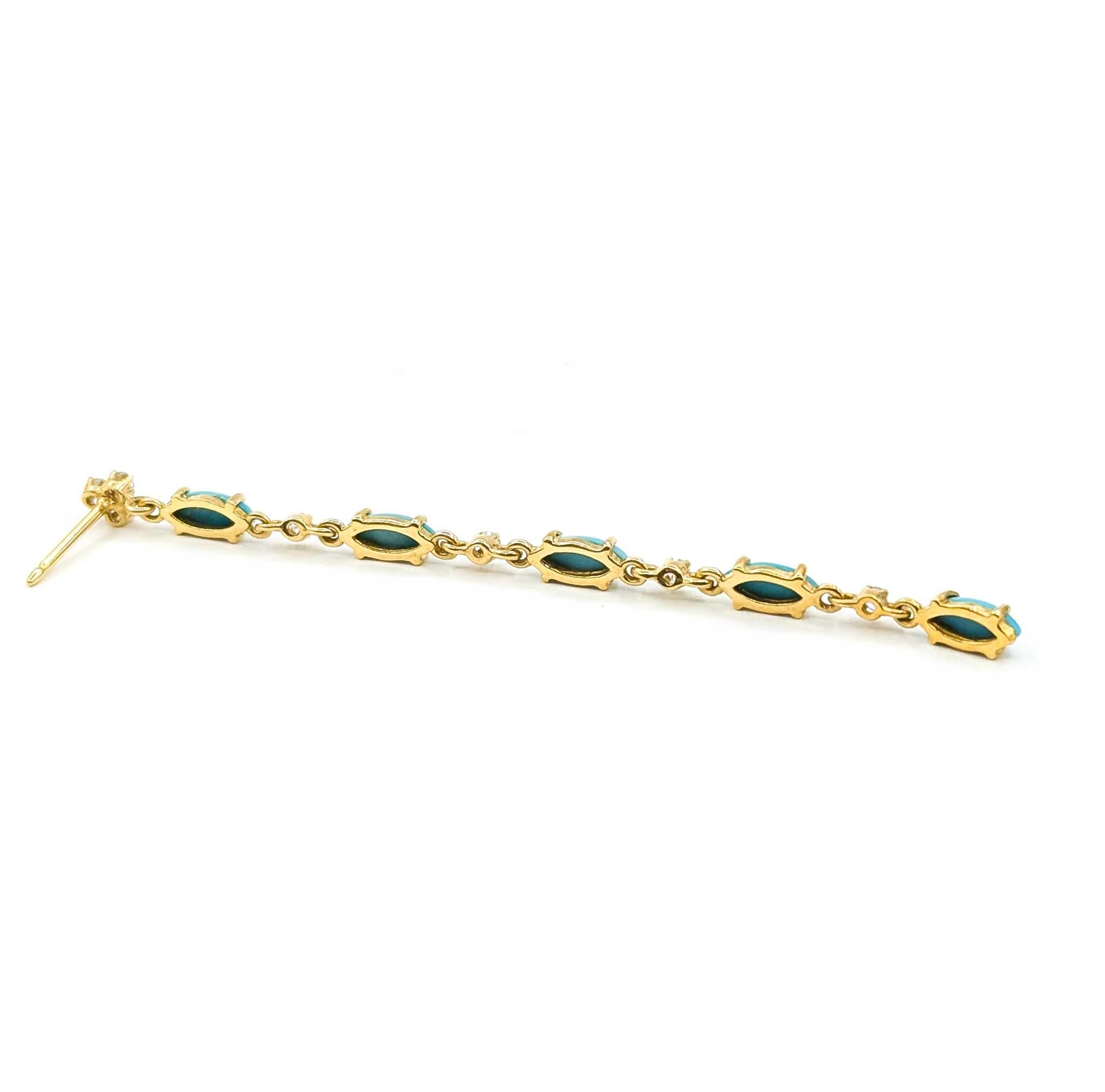 Orecchini pendenti con turchese e diamanti in oro giallo 14k in vendita 5