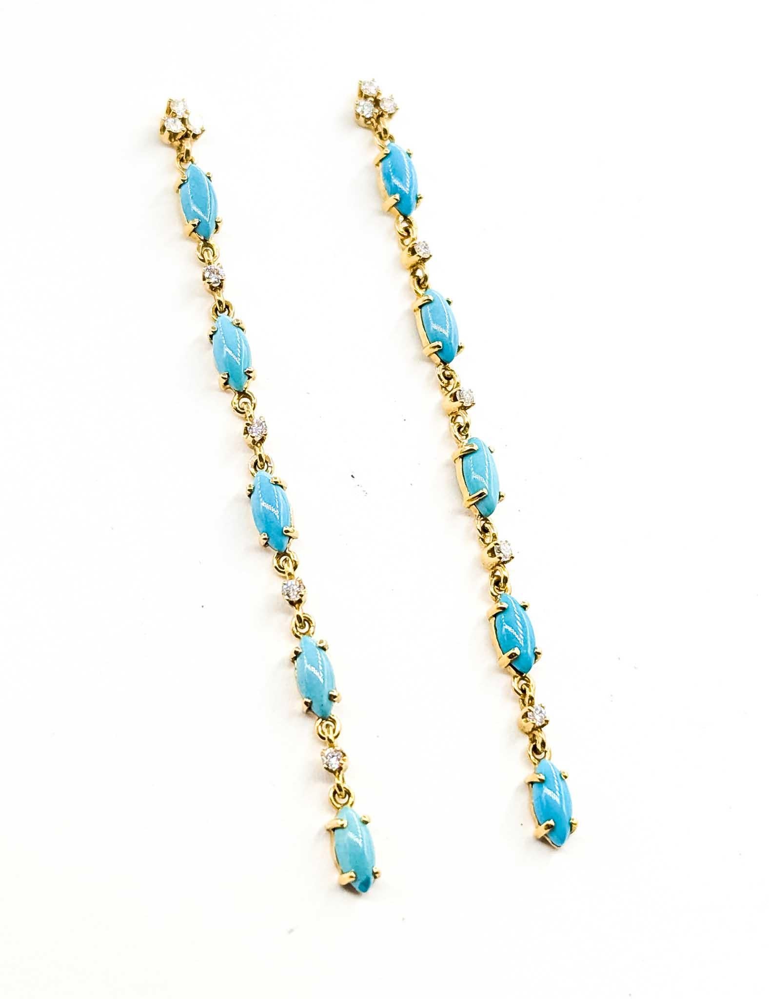 Contemporaneo Orecchini pendenti con turchese e diamanti in oro giallo 14k in vendita