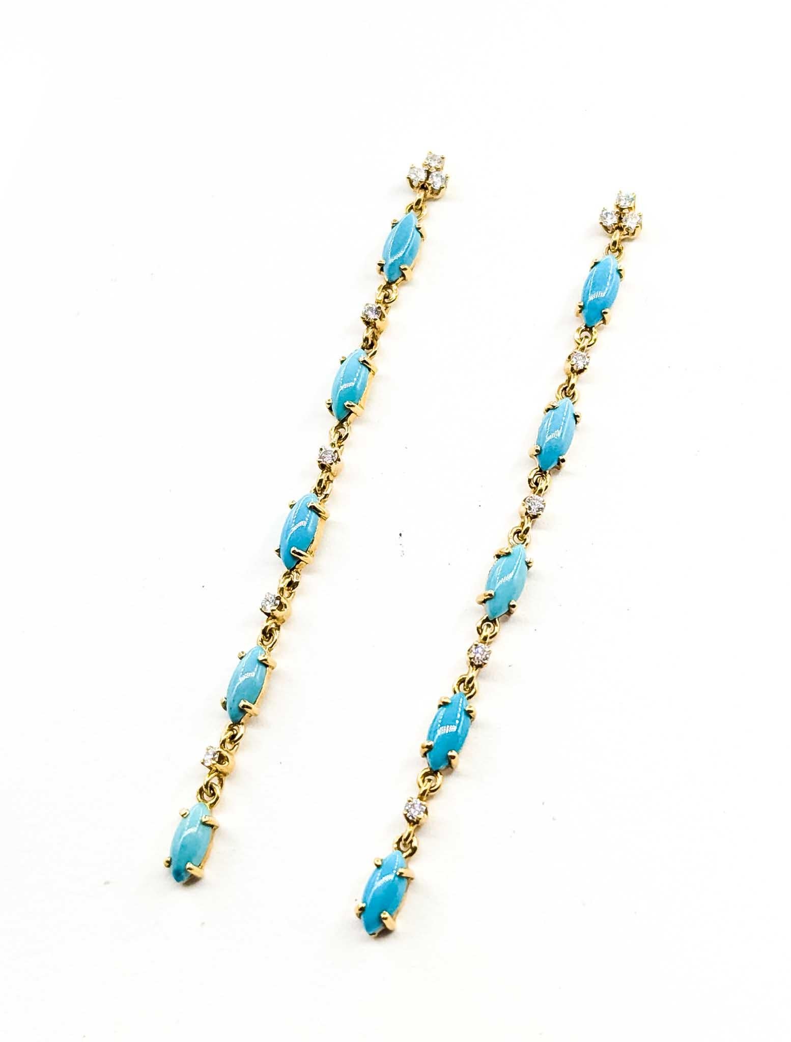 Taglio rotondo Orecchini pendenti con turchese e diamanti in oro giallo 14k in vendita