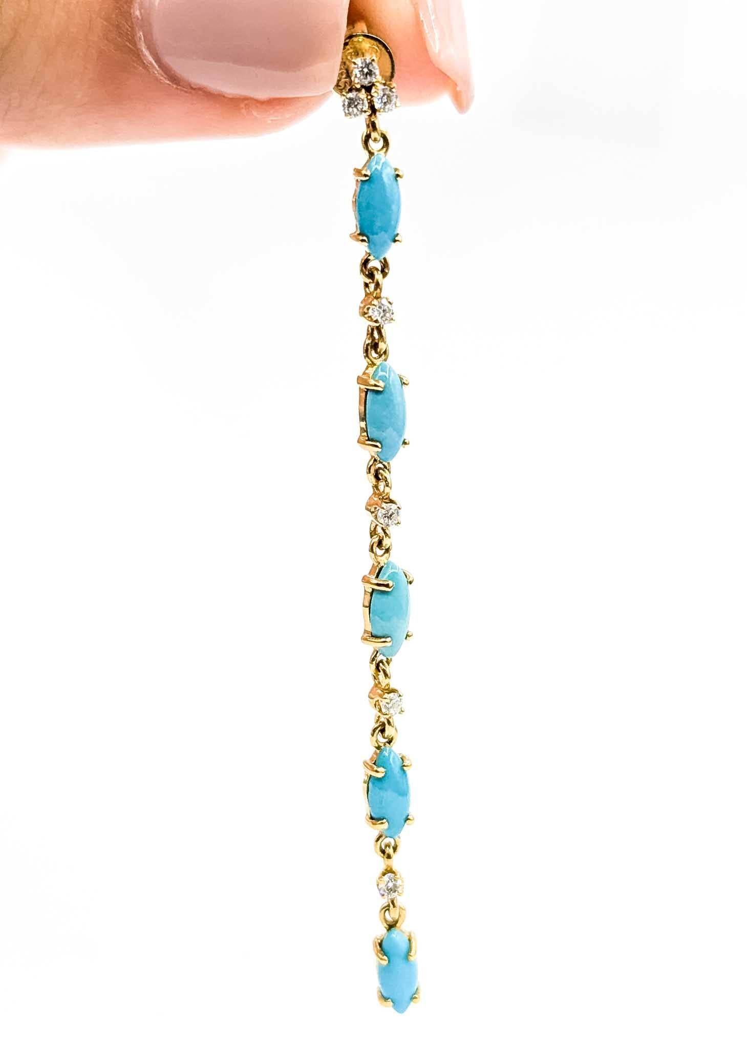 Orecchini pendenti con turchese e diamanti in oro giallo 14k In condizioni ottime in vendita a Bloomington, MN