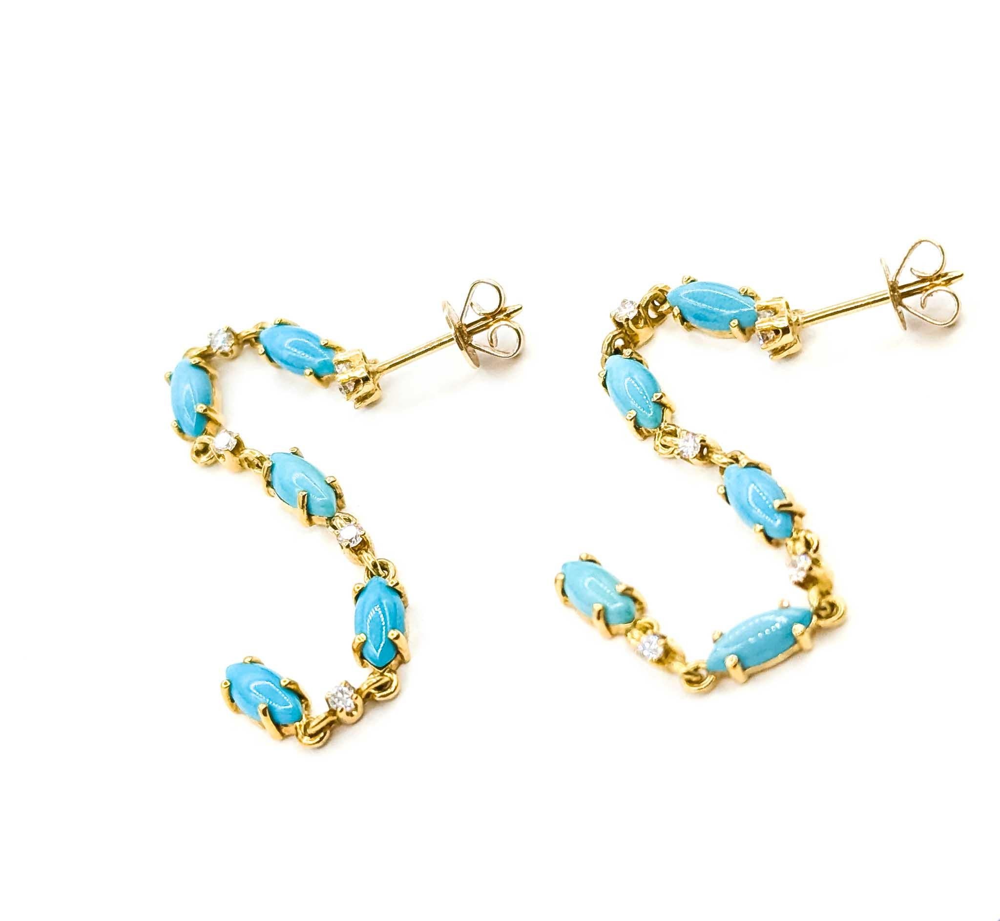 Donna Orecchini pendenti con turchese e diamanti in oro giallo 14k in vendita