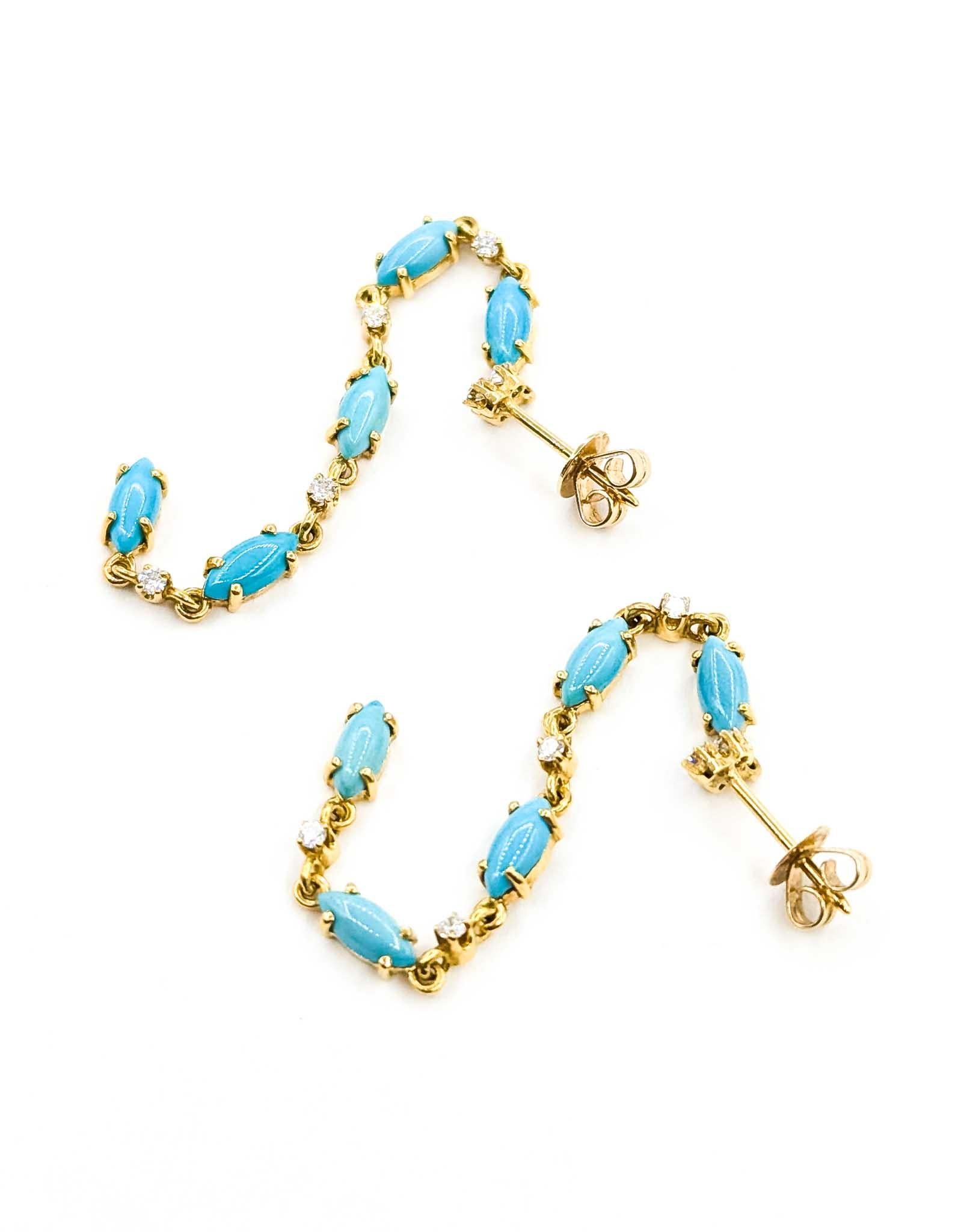Orecchini pendenti con turchese e diamanti in oro giallo 14k in vendita 1