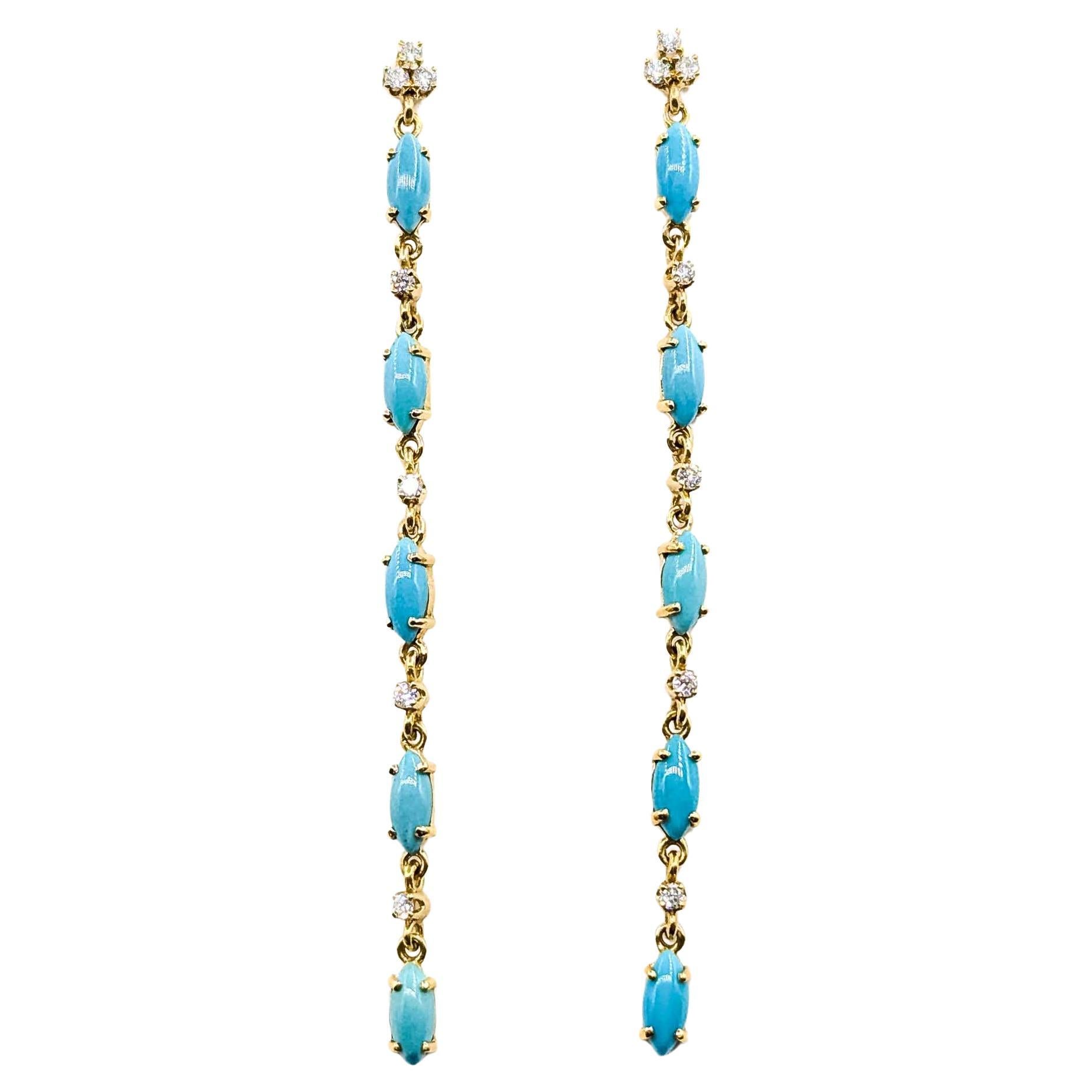 Orecchini pendenti con turchese e diamanti in oro giallo 14k in vendita