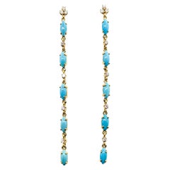 Stud Turquoise & Diamond Dangle Earrings in 14k Yellow Gold
