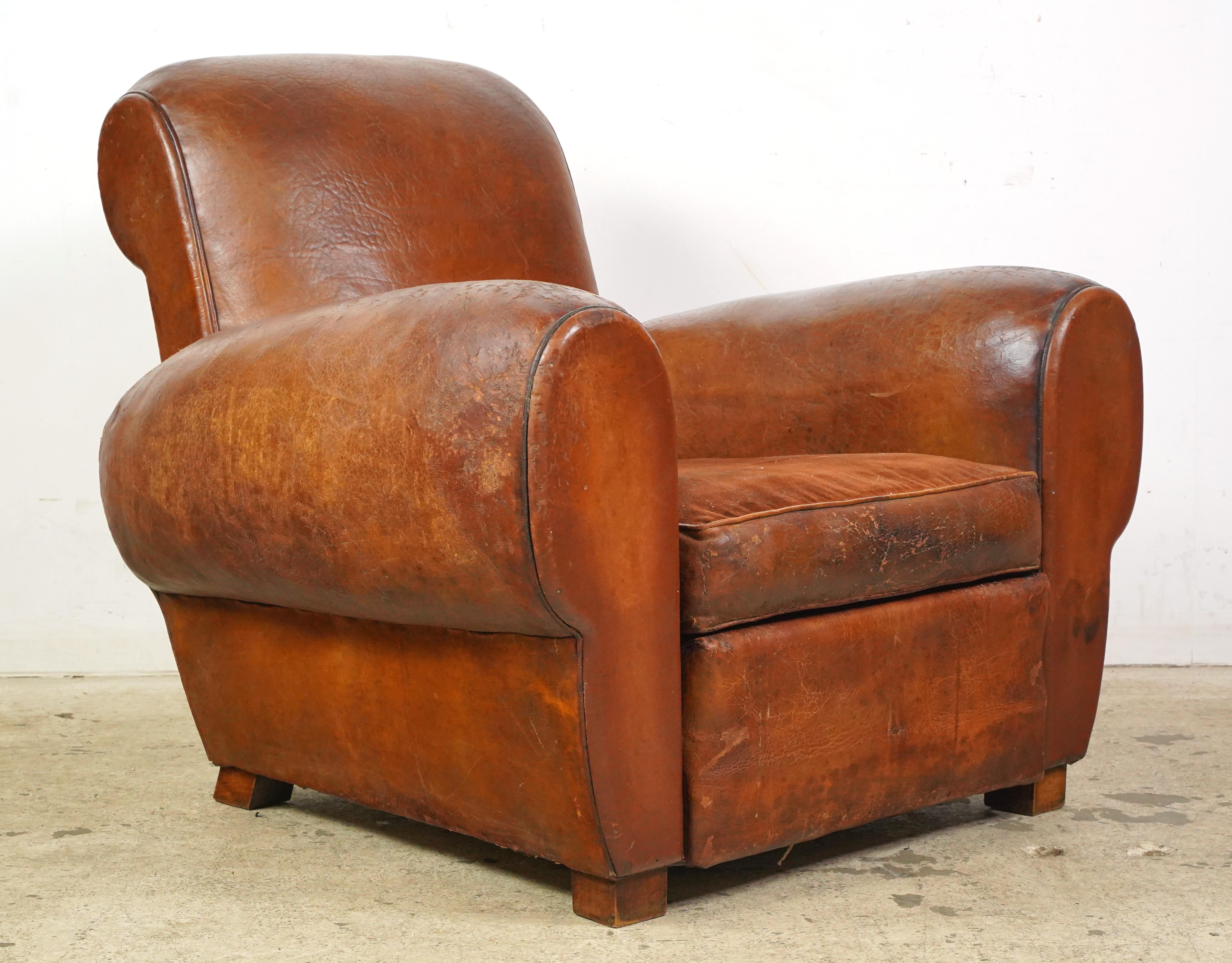 Steel Studded Back Brown Leather European Club Chair For Sale
