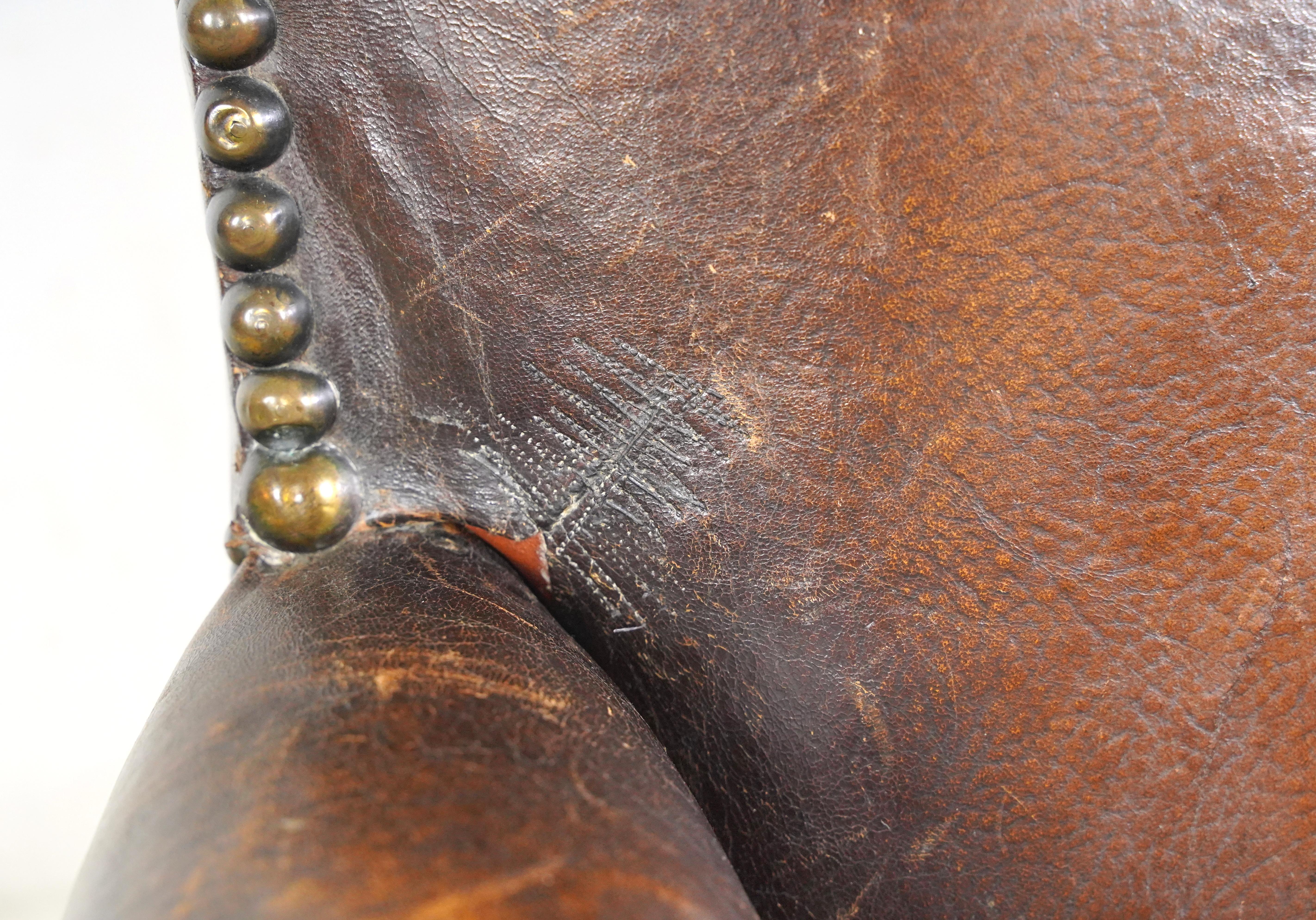 French Studded Brown European Leather Club Chair