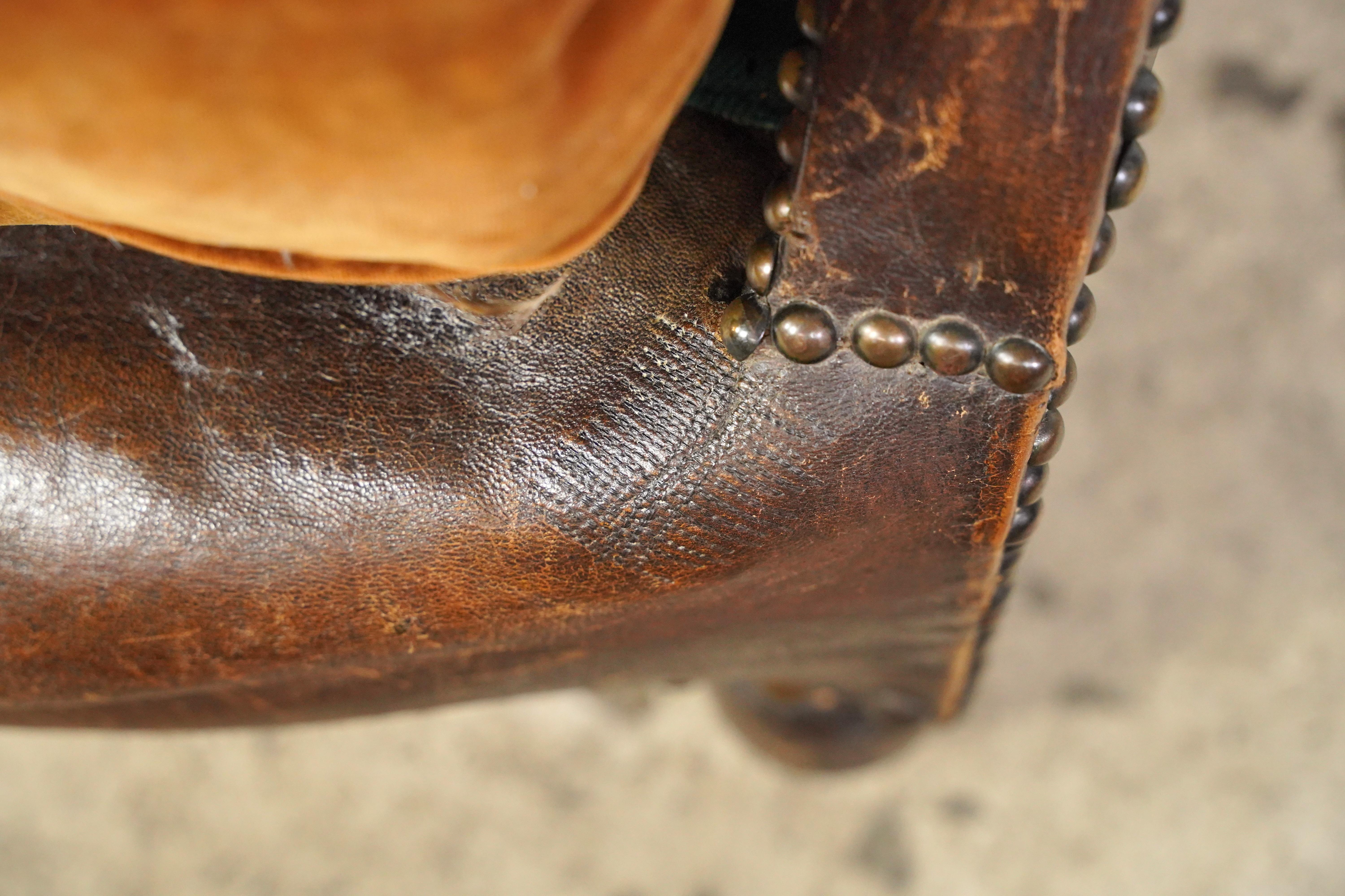 Studded Brown European Leather Club Chair In Good Condition In New York, NY