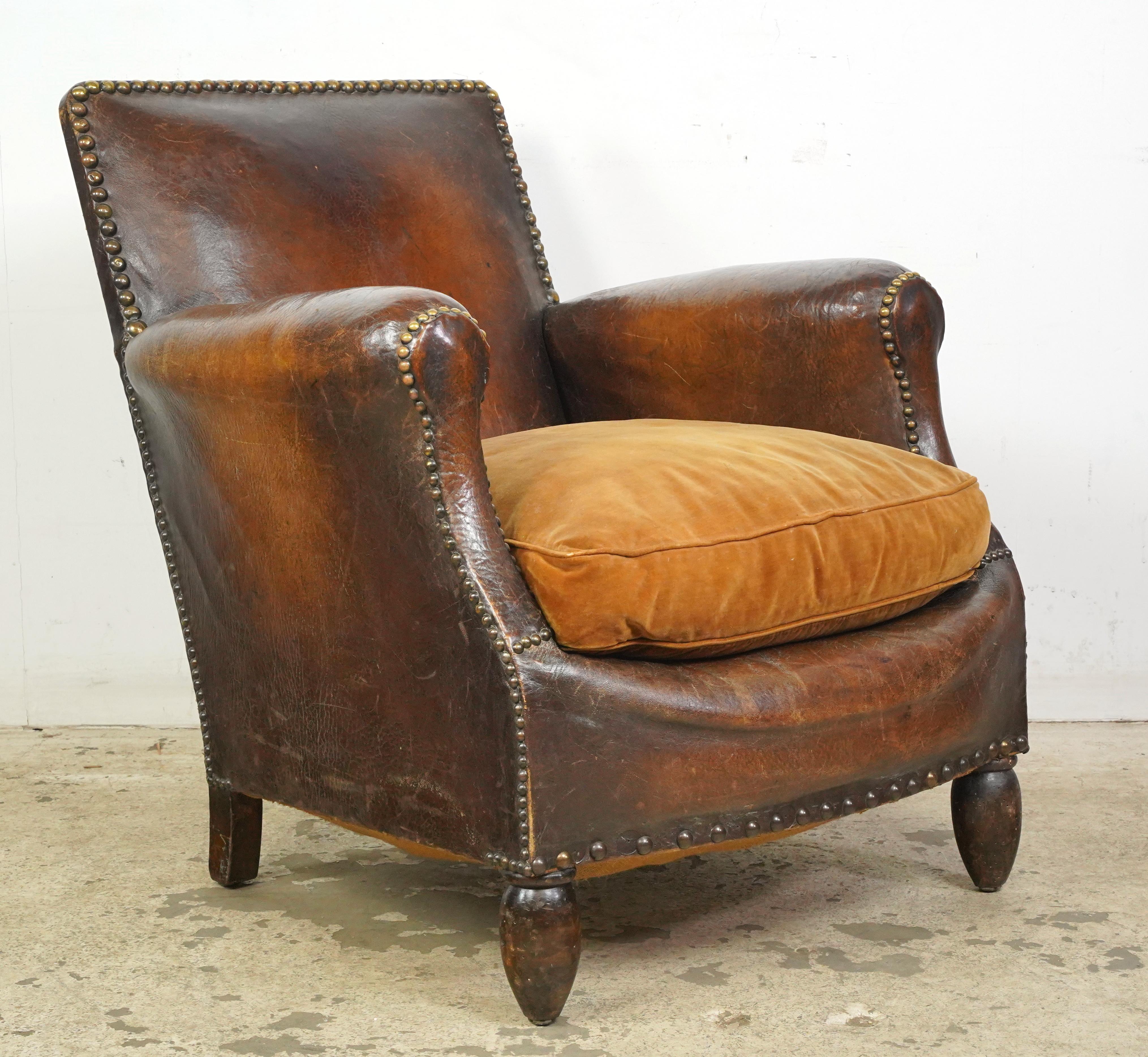 20th Century Studded Brown European Leather Club Chair