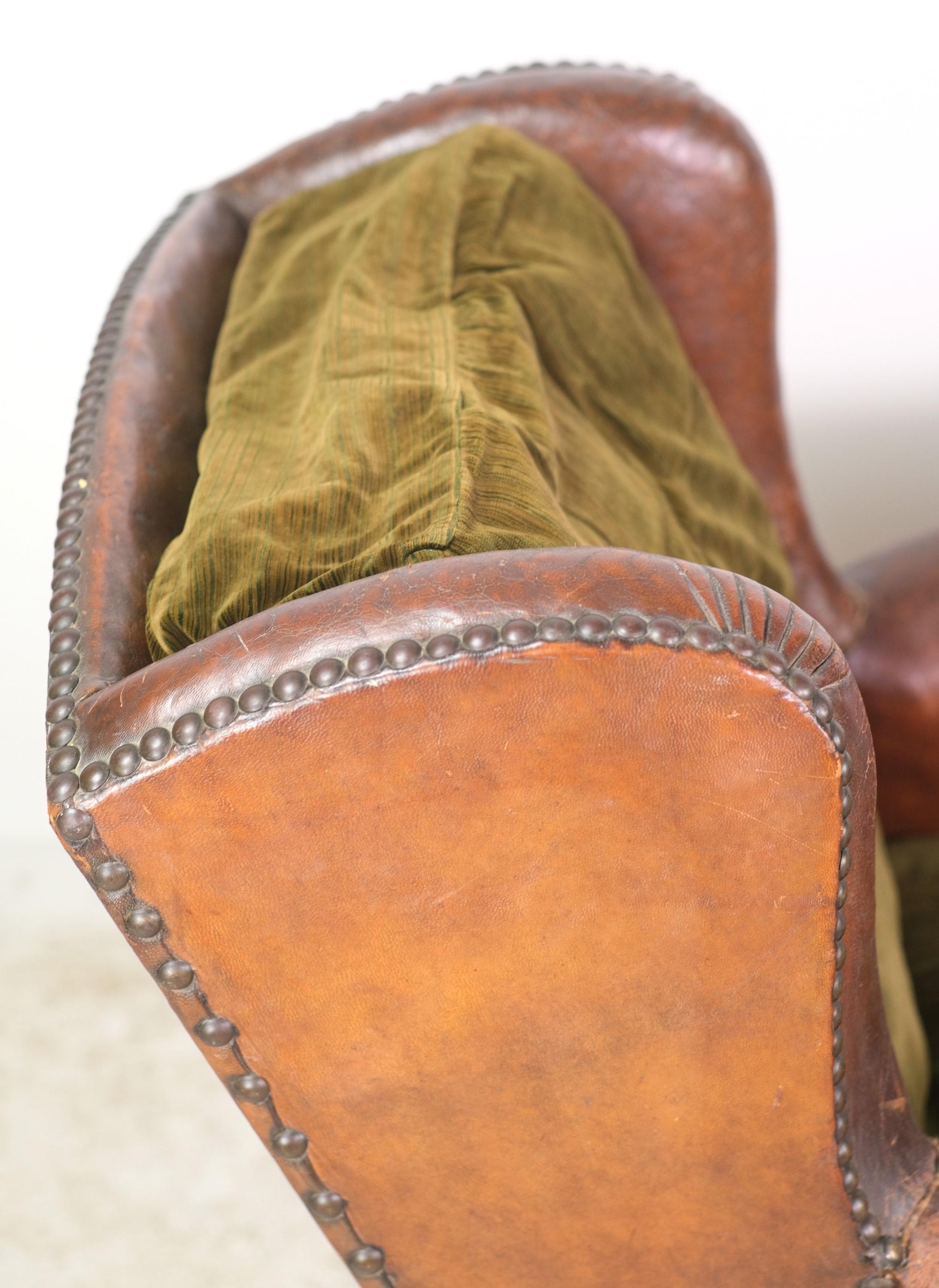 Studs Brown Leather Green Cushion Club Chair Round Wood Feet 3