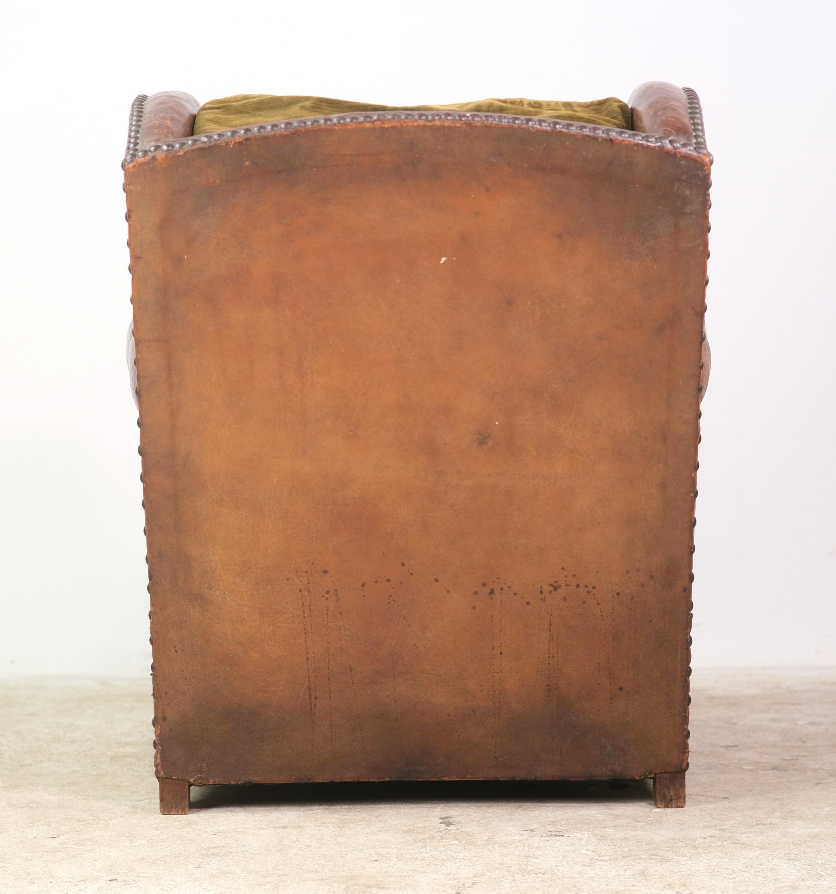 Studs Brown Leather Green Cushion Club Chair Round Wood Feet 4