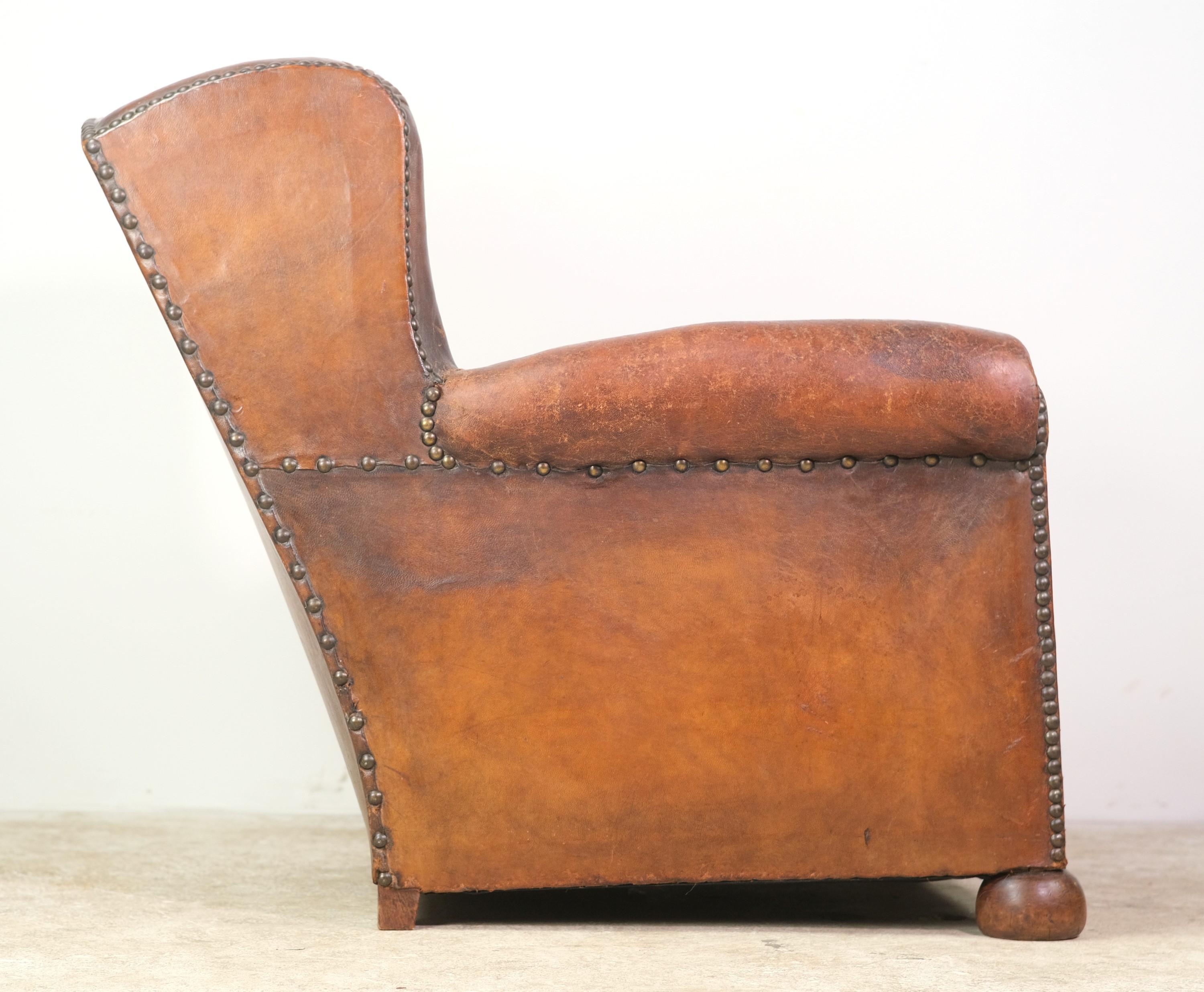 20th Century Studs Brown Leather Green Cushion Club Chair Round Wood Feet