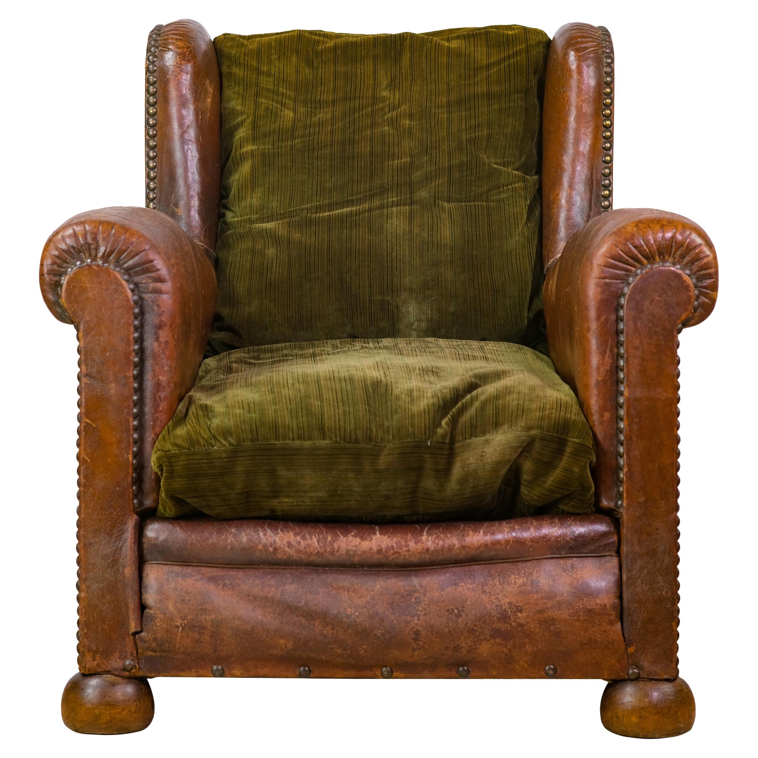 Studs Brown Leather Green Cushion Club Chair Round Wood Feet