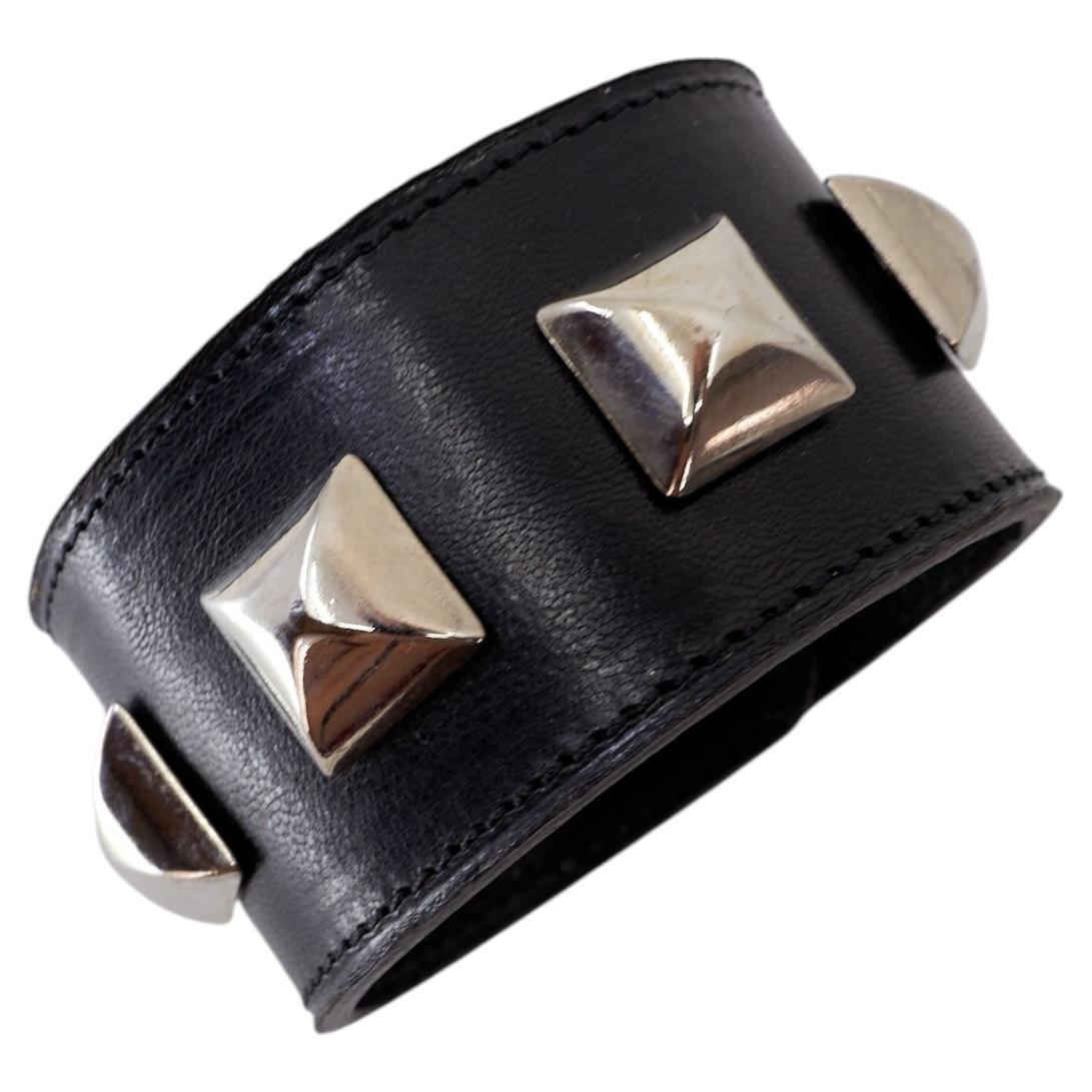 Studded Cuff Bracelet Pyramid Leather Silver For Sale