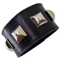 Studded Cuff Bracelet Pyramid Leather Silver