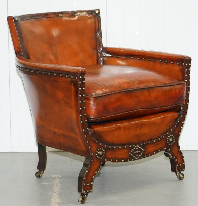 Studded Edwardian Restored Whisky Brown Leather Tub Club Suite Sofa and