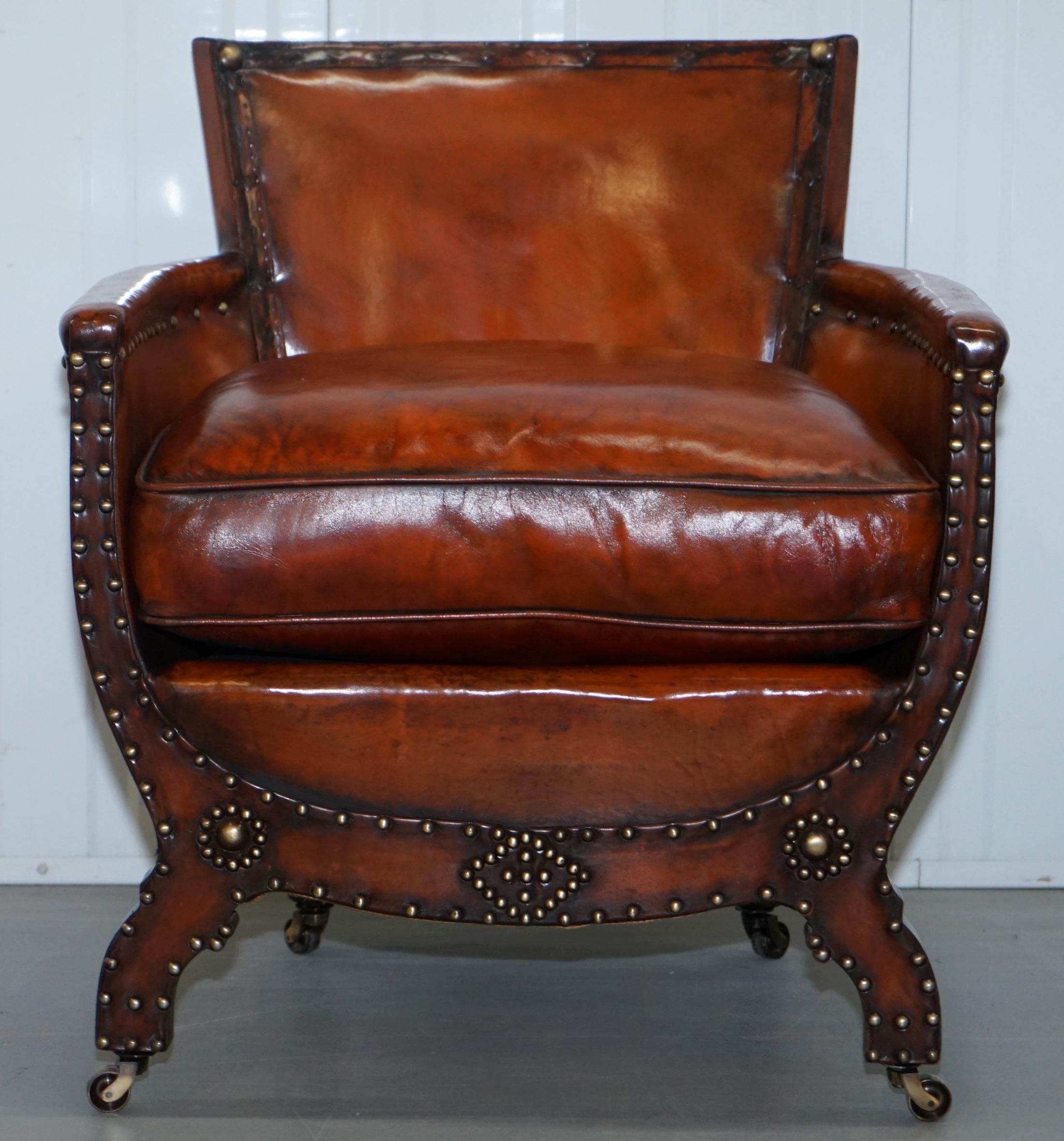 Studded Edwardian Restored Whisky Brown Leather Tub Club Suite Sofa & Armchairs 6