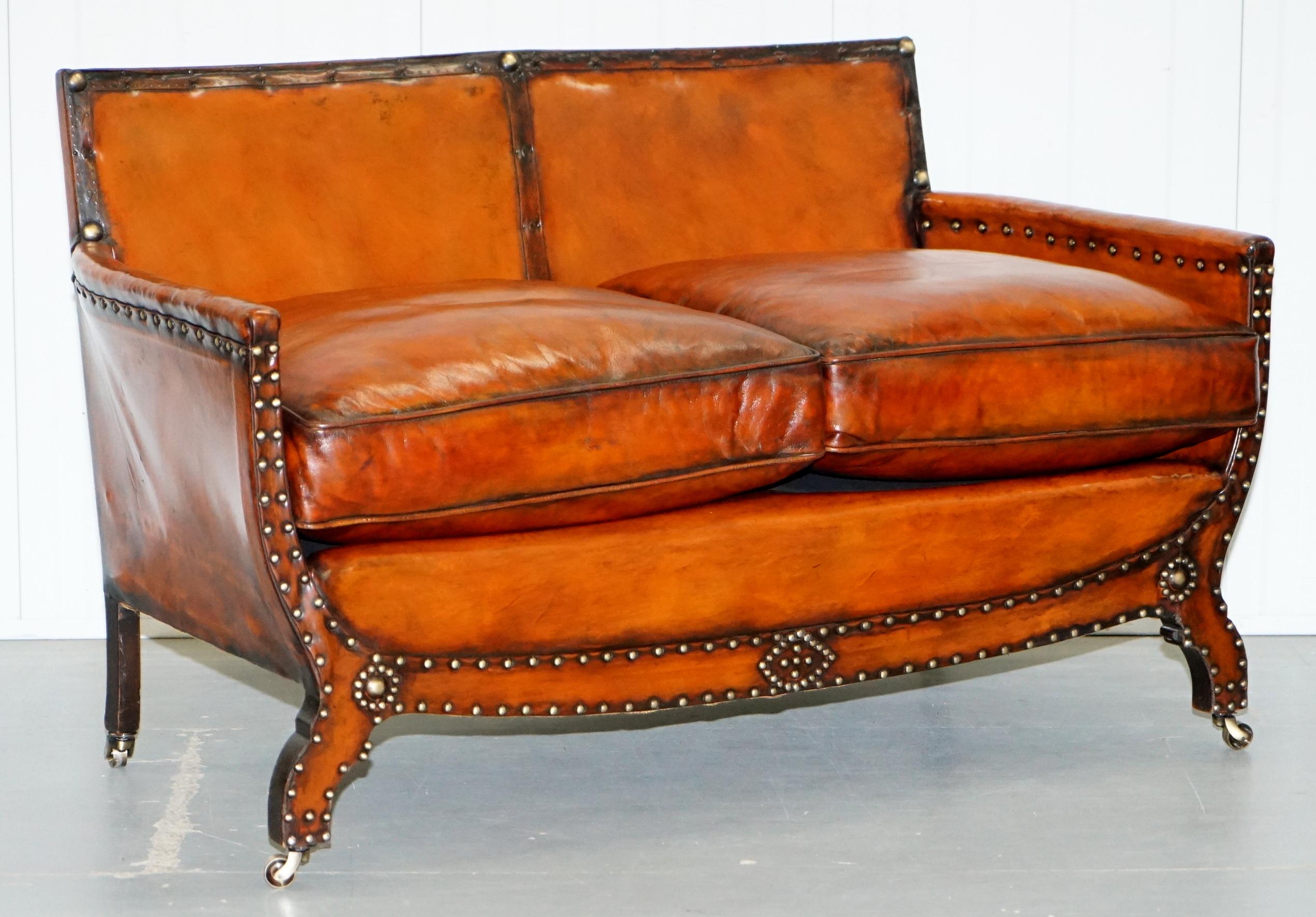 Studded Edwardian Restored Whisky Brown Leather Tub Club Suite Sofa & Armchairs 8