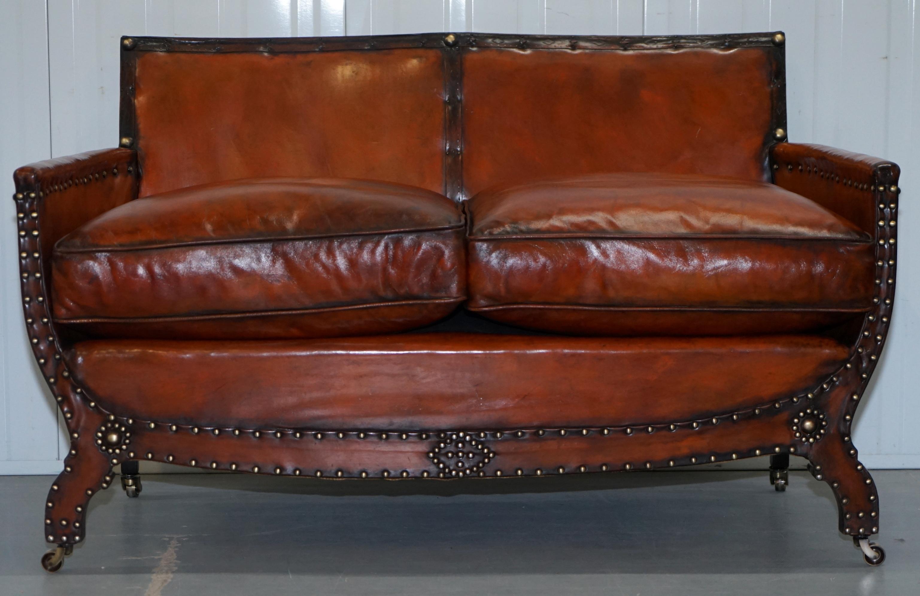 Studded Edwardian Restored Whisky Brown Leather Tub Club Suite Sofa & Armchairs 9