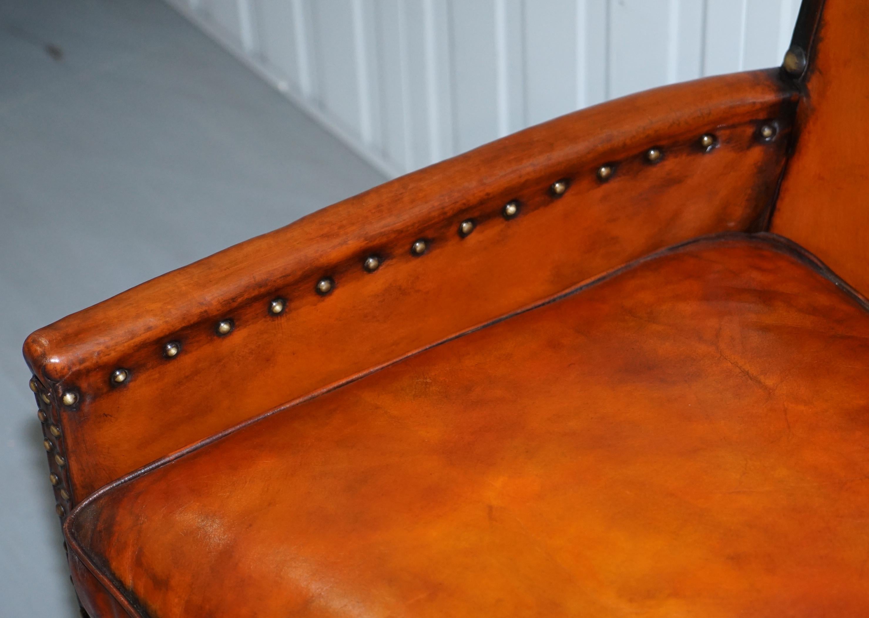 Studded Edwardian Restored Whisky Brown Leather Tub Club Suite Sofa & Armchairs 11