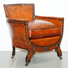 Studded Edwardian Restored Whisky Brown Leather Tub Club Suite Sofa & Armchairs