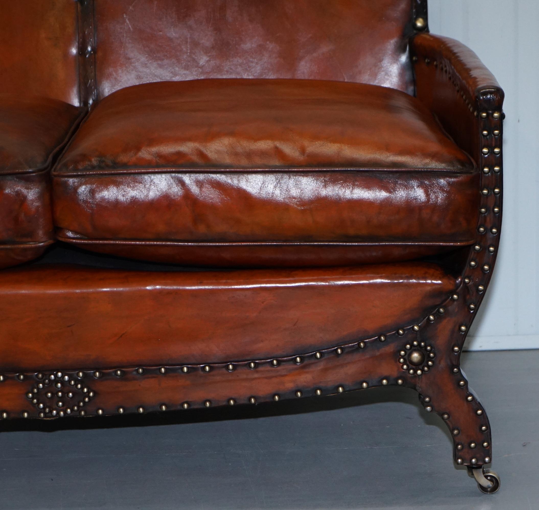 Studded Edwardian Restored Whisky Brown Leather Tub Club Suite Sofa & Armchairs 12