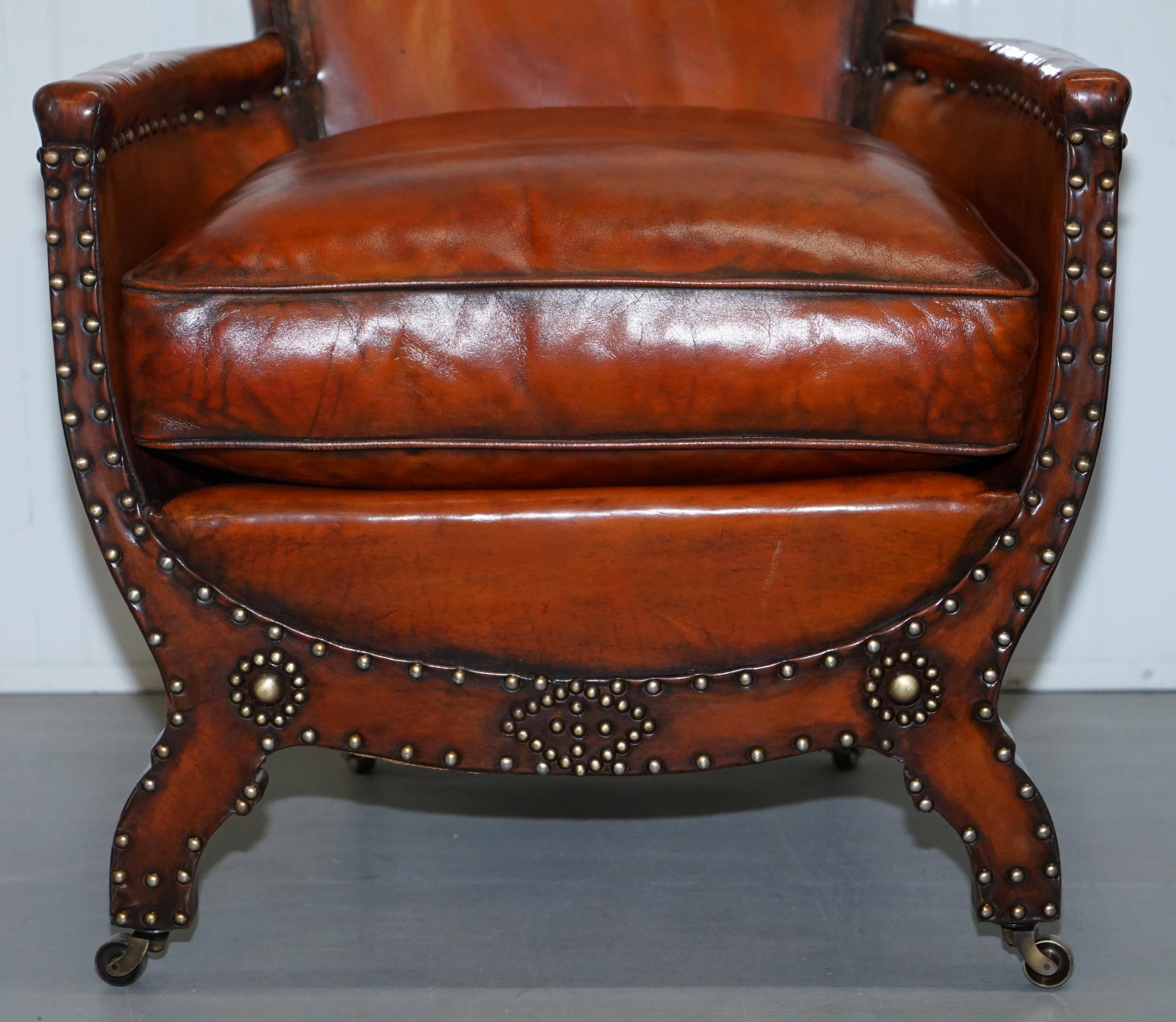 English Studded Edwardian Restored Whisky Brown Leather Tub Club Suite Sofa & Armchairs