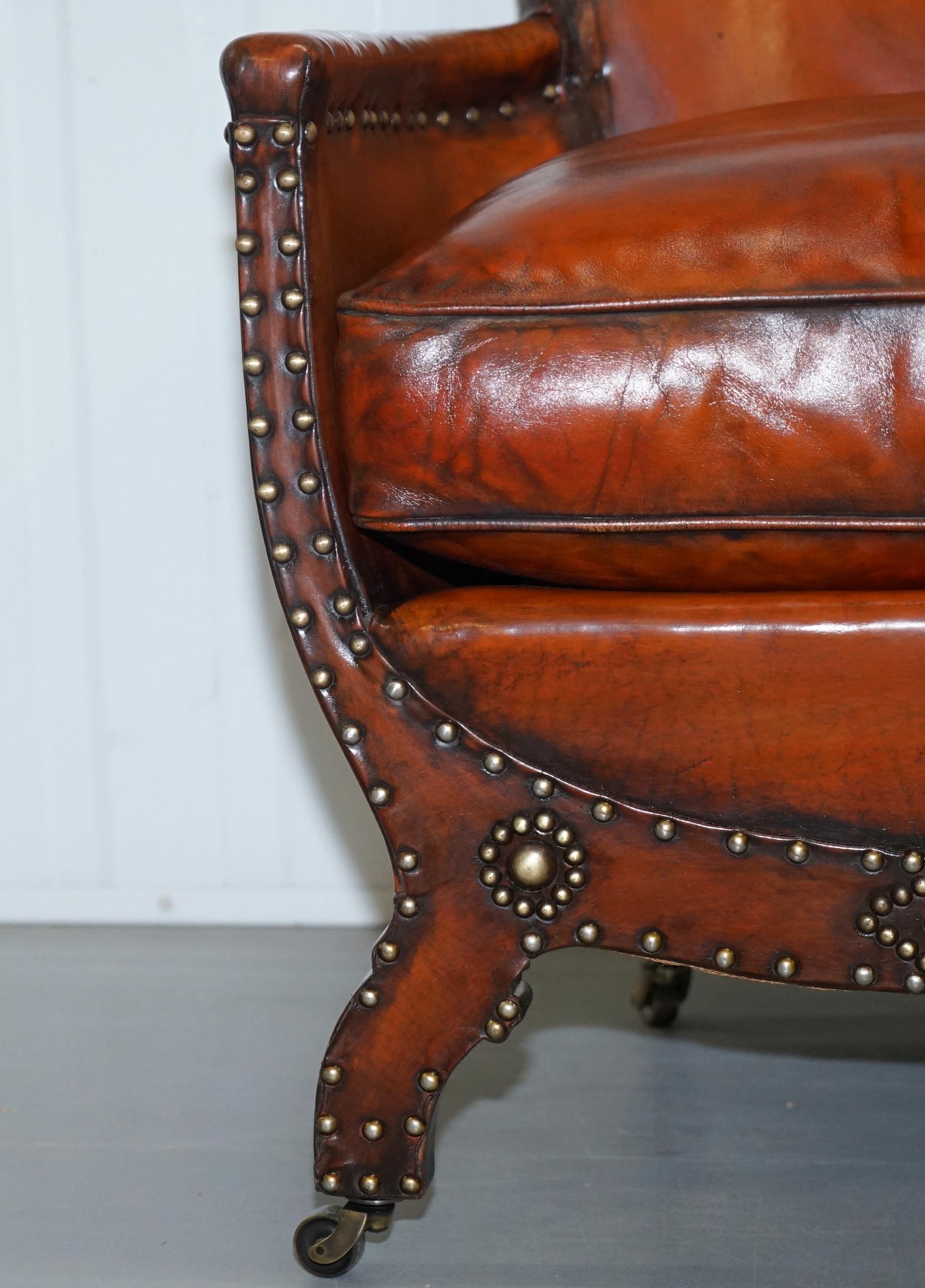 Hand-Carved Studded Edwardian Restored Whisky Brown Leather Tub Club Suite Sofa & Armchairs