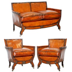 Studded Edwardian Restored Whisky Brown Leather Tub Club Suite Sofa & Armchairs