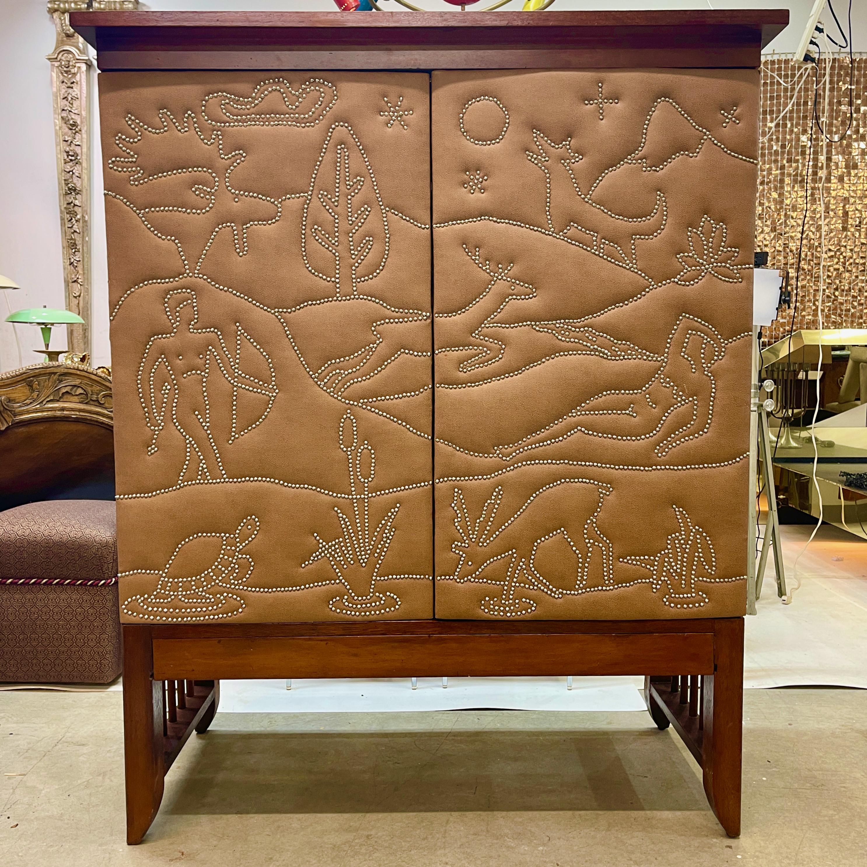 American Studded Leather Bar Cabinet After Otto Schulz For Sale