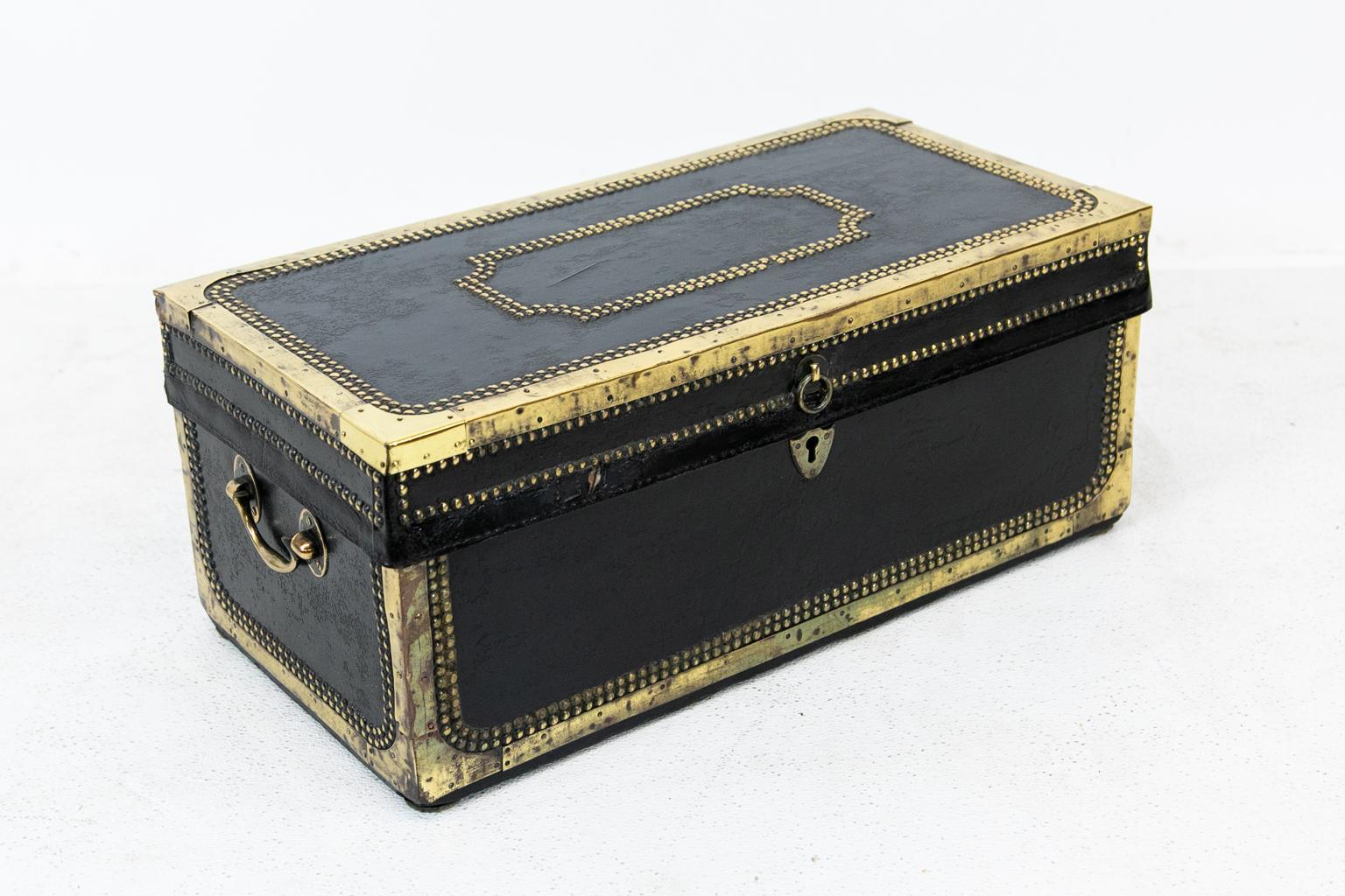 Brass Studded Leather Camphor Wood Box For Sale