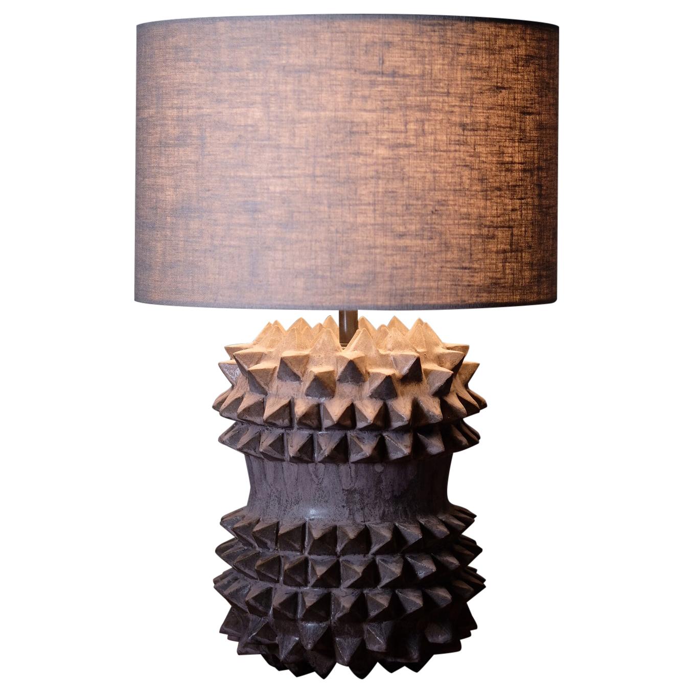 Studded Stoneware Barrel Table Lamp with Dark Grey Linen Shade by LGS Studio For Sale