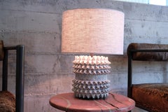 Studded Stoneware Barrel Table Lamp with Grey Linen Shade by LGS Studio
