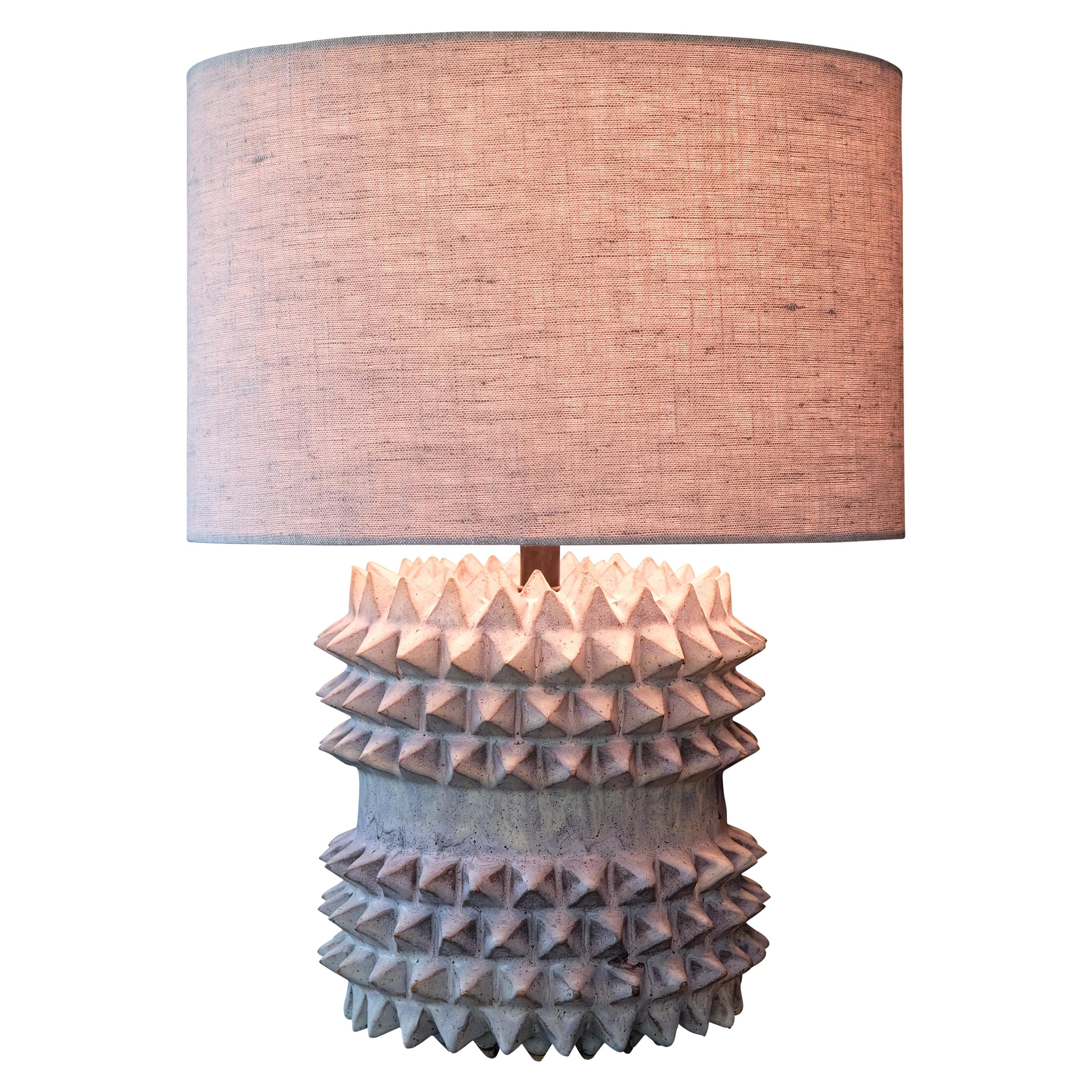 Studded Stoneware Barrel Table Lamp with Grey Linen Shade by LGS Studio For Sale