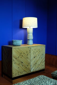 Studded Stoneware Table Lamp with Grey Linen Shade by LGS Studio