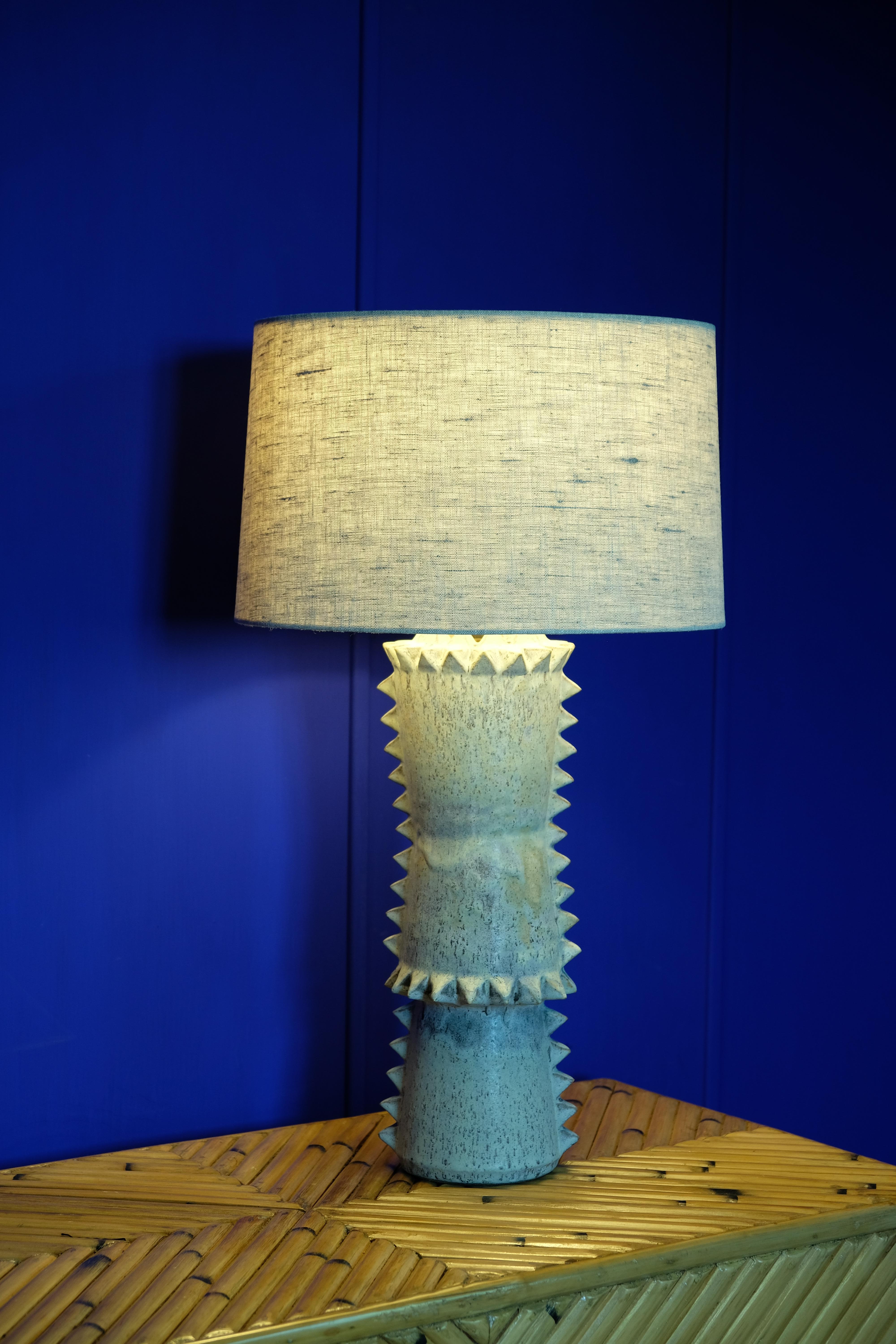 American Studded Stoneware Table Lamp with Grey Linen Shade by LGS Studio For Sale
