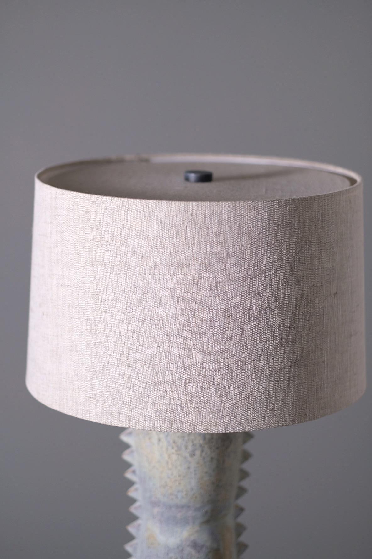 Glazed Studded Stoneware Table Lamp with Grey Linen Shade by LGS Studio For Sale