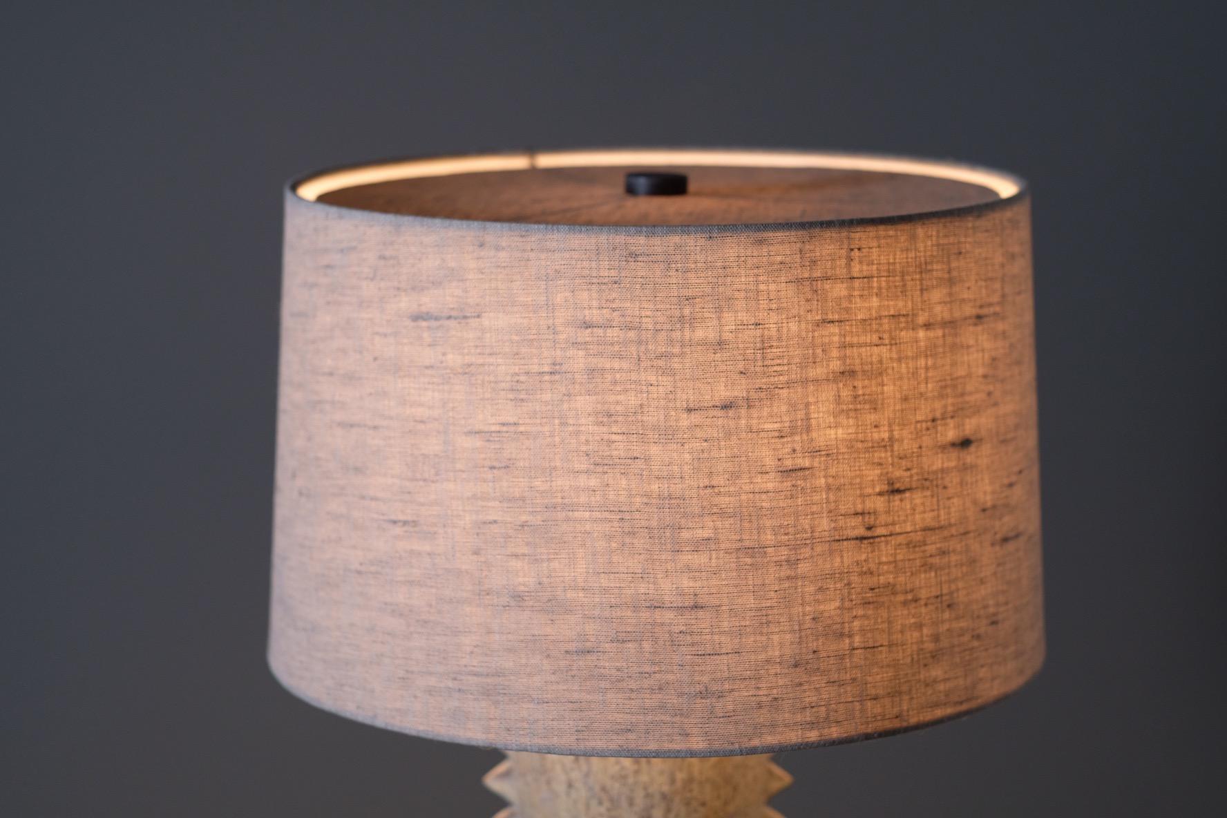 Studded Stoneware Table Lamp with Grey Linen Shade by LGS Studio In New Condition For Sale In Los Angeles, CA