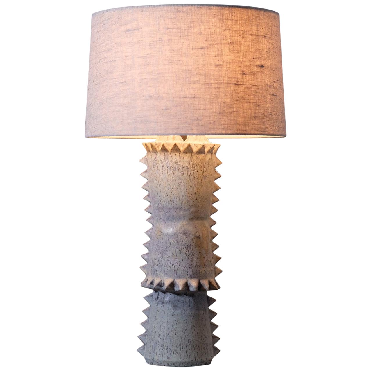 Studded Stoneware Table Lamp with Grey Linen Shade by LGS Studio For Sale
