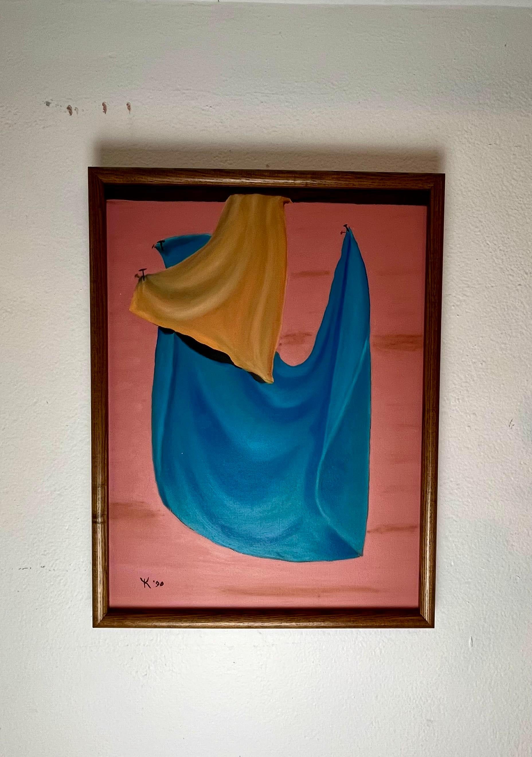 Unique student artist still life painting of laundry hanging out to dry. Interesting visual with great colors. Signed by artist '90