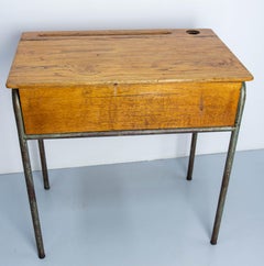 Student Oak & Iron Writing Table Slant Top Desk France, Mid 20th C