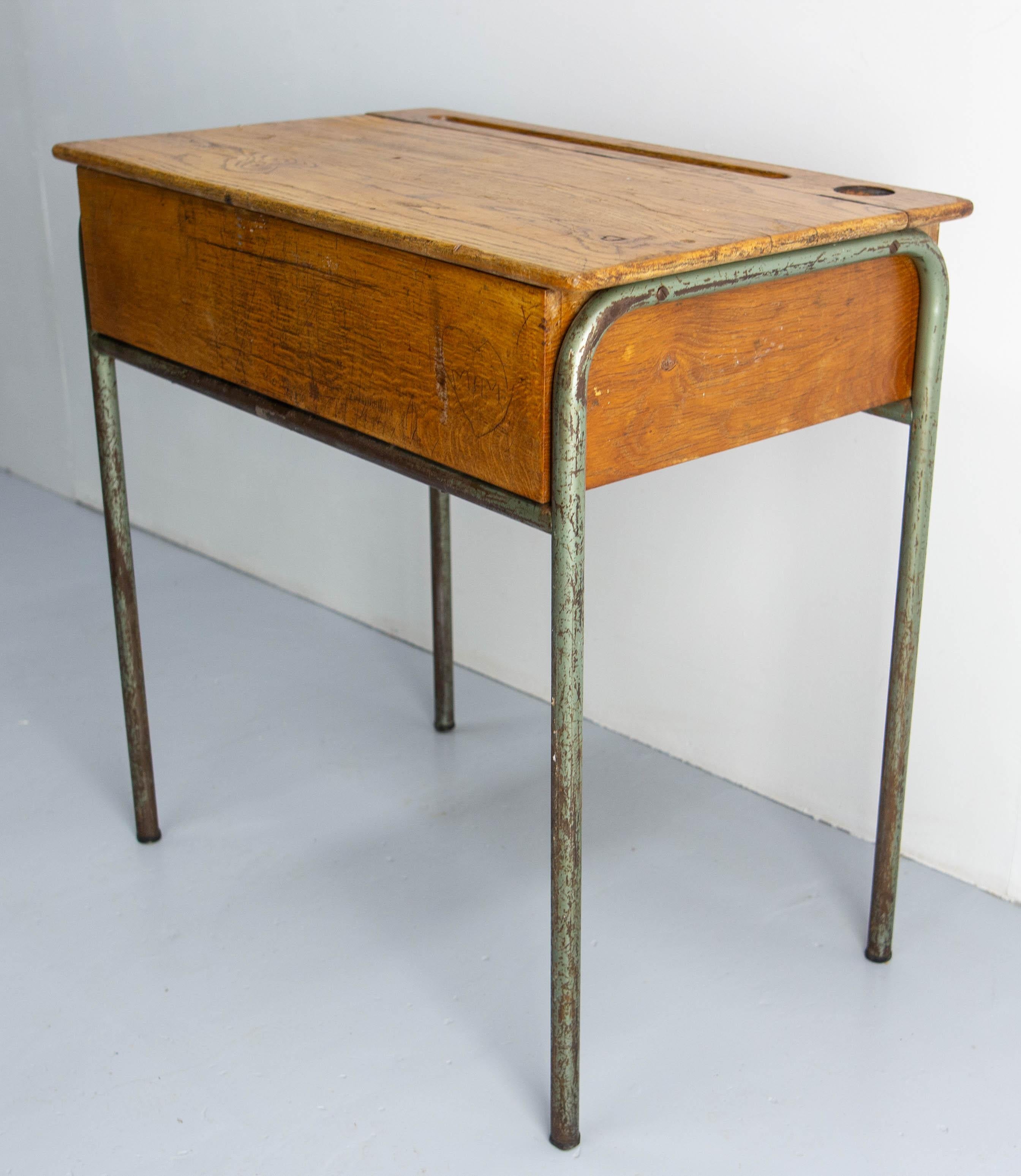 Mid-Century Modern Student Oak & Iron Writing Table Slant Top Desk France, Mid 20th C For Sale