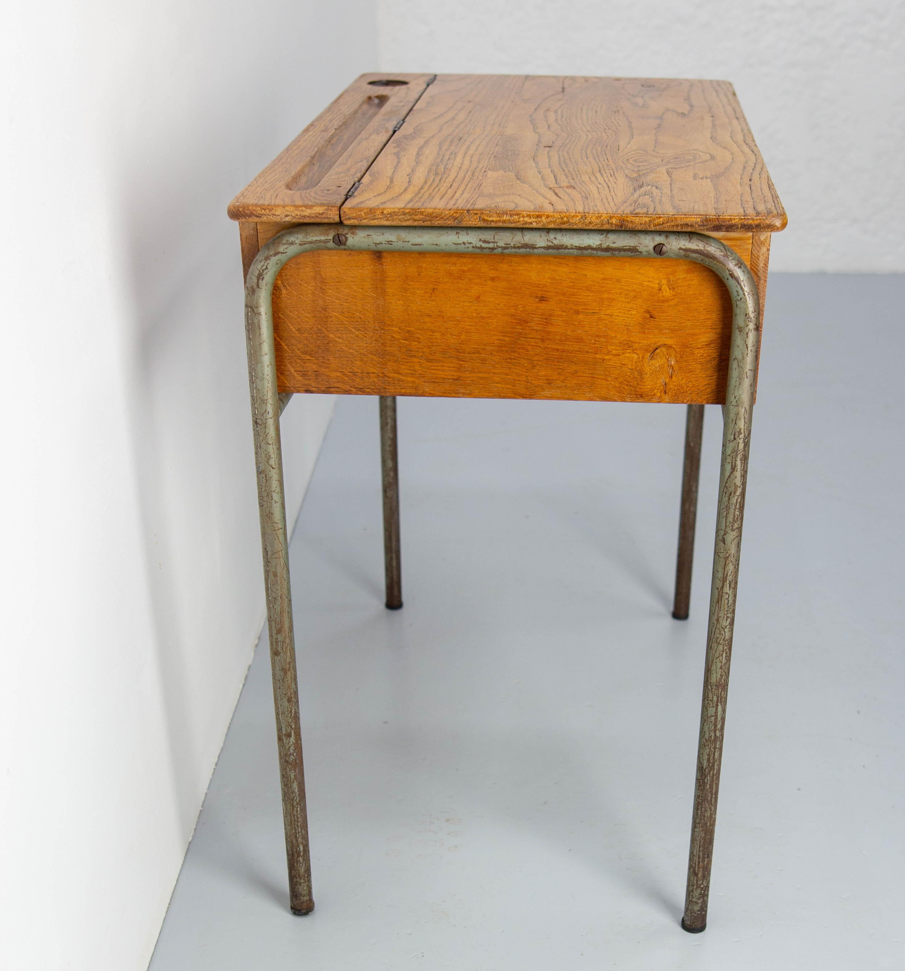 French Student Oak & Iron Writing Table Slant Top Desk France, Mid 20th C For Sale