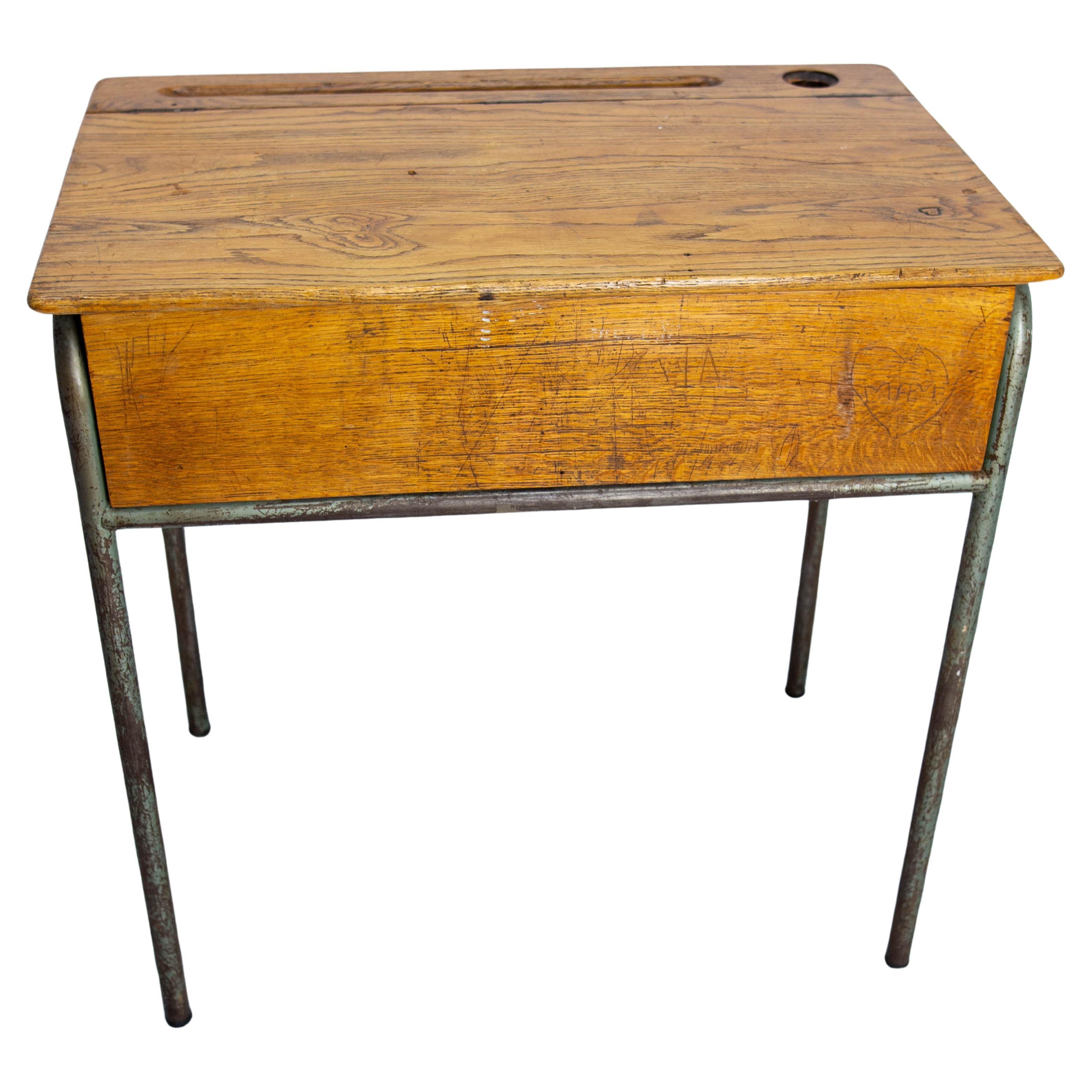 Student Oak & Iron Writing Table Slant Top Desk France, Mid 20th C For Sale