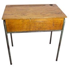 Vintage Student Oak & Iron Writing Table Slant Top Desk France, Mid 20th C