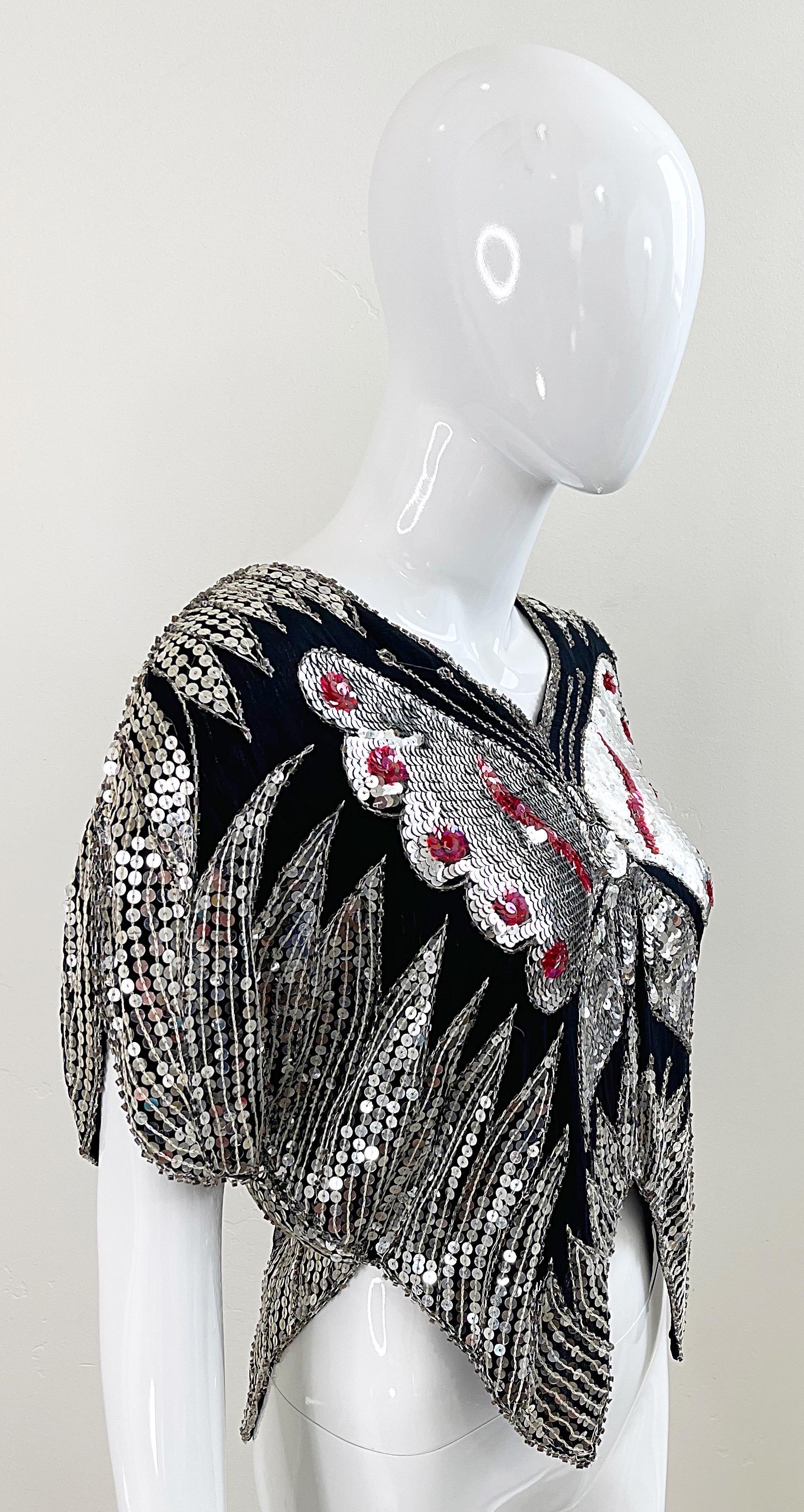Studio 54 Early 1980s Butterfly Red Silver Black Sequin Disco Vintage 80s Top For Sale 6