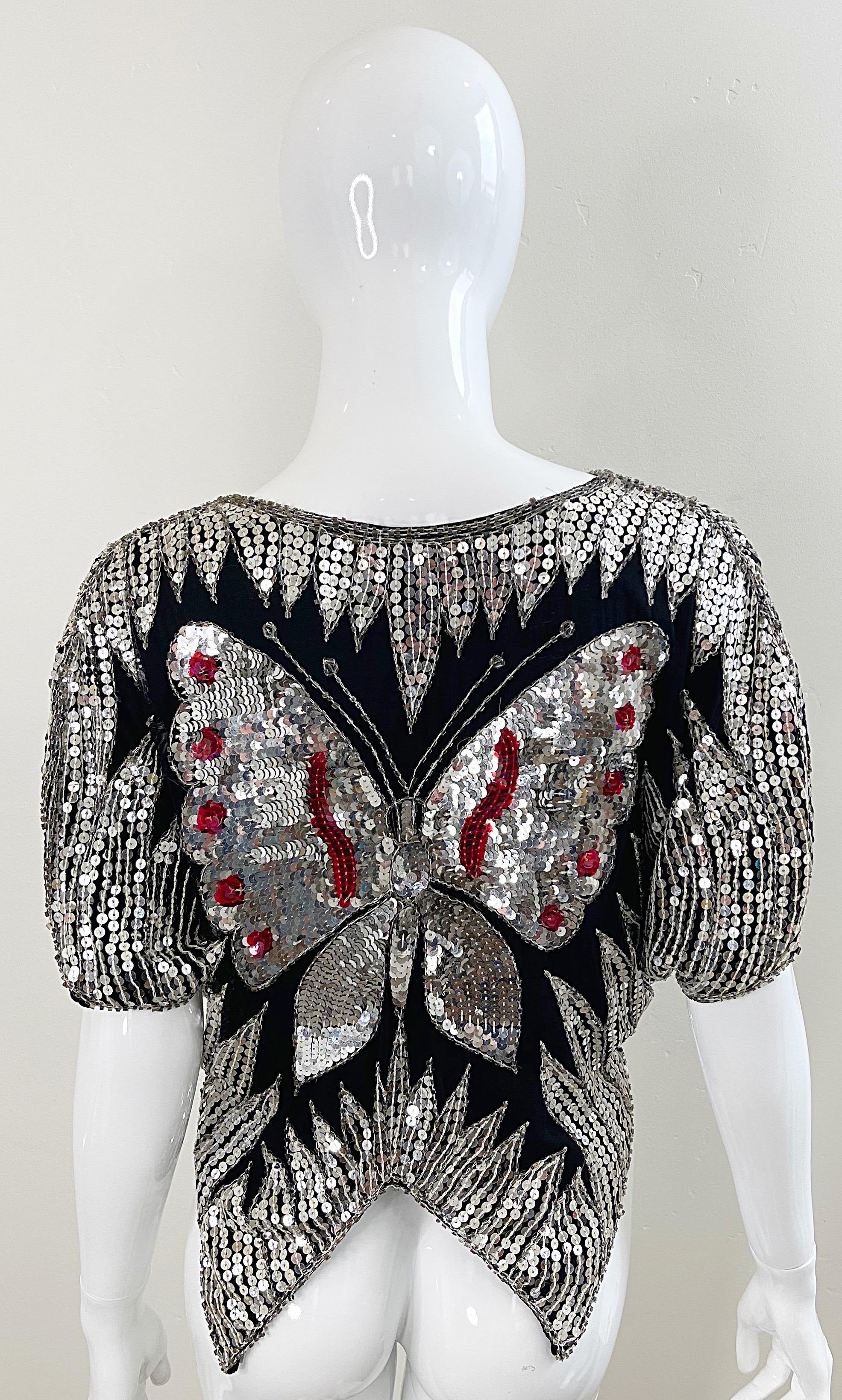 Studio 54 Early 1980s Butterfly Red Silver Black Sequin Disco Vintage 80s Top For Sale 7