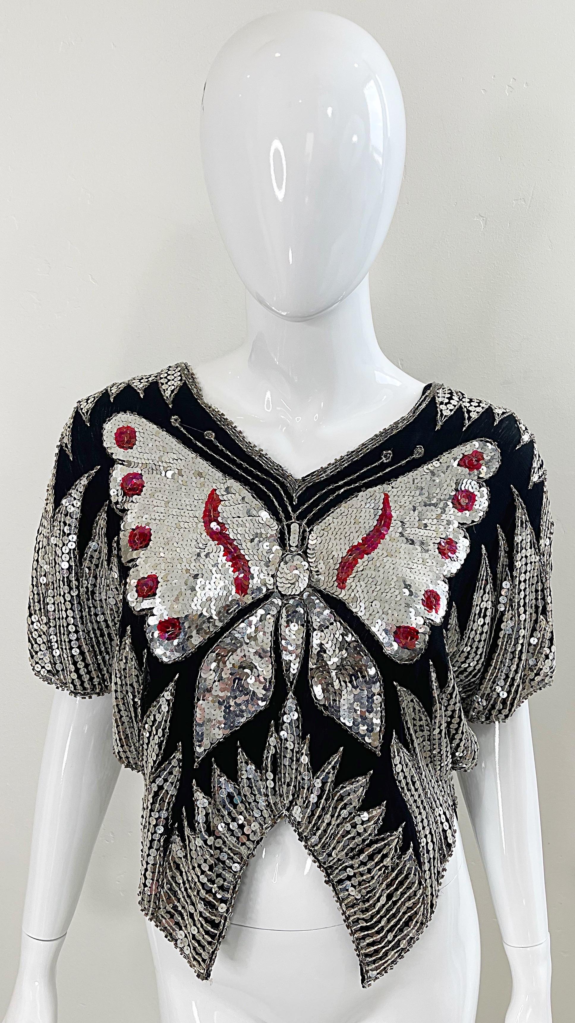 Studio 54 Early 1980s Butterfly Red Silver Black Sequin Disco Vintage 80s Top For Sale 9