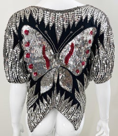 Studio 54 Early 1980s Butterfly Red Silver Black Sequin Disco Vintage 80s Top